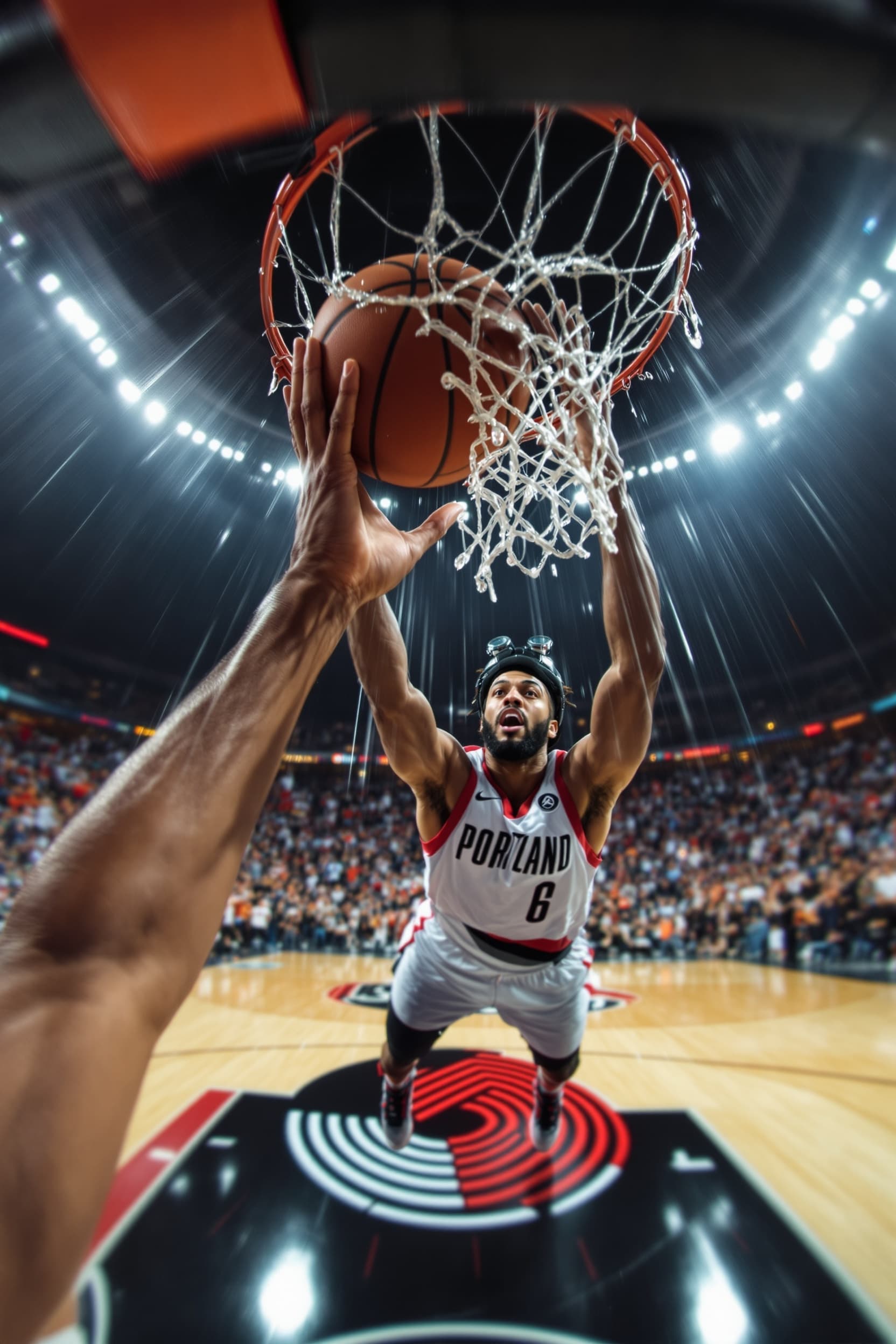gopro action shot, head-mounted camera during slam dunk, hands gripping basketball mid-air, rim and bright stadium lights in front, Portland Trail Blazers logo on floor, sweat and motion blur, high-speed cinematic sports realism, crowd cheering