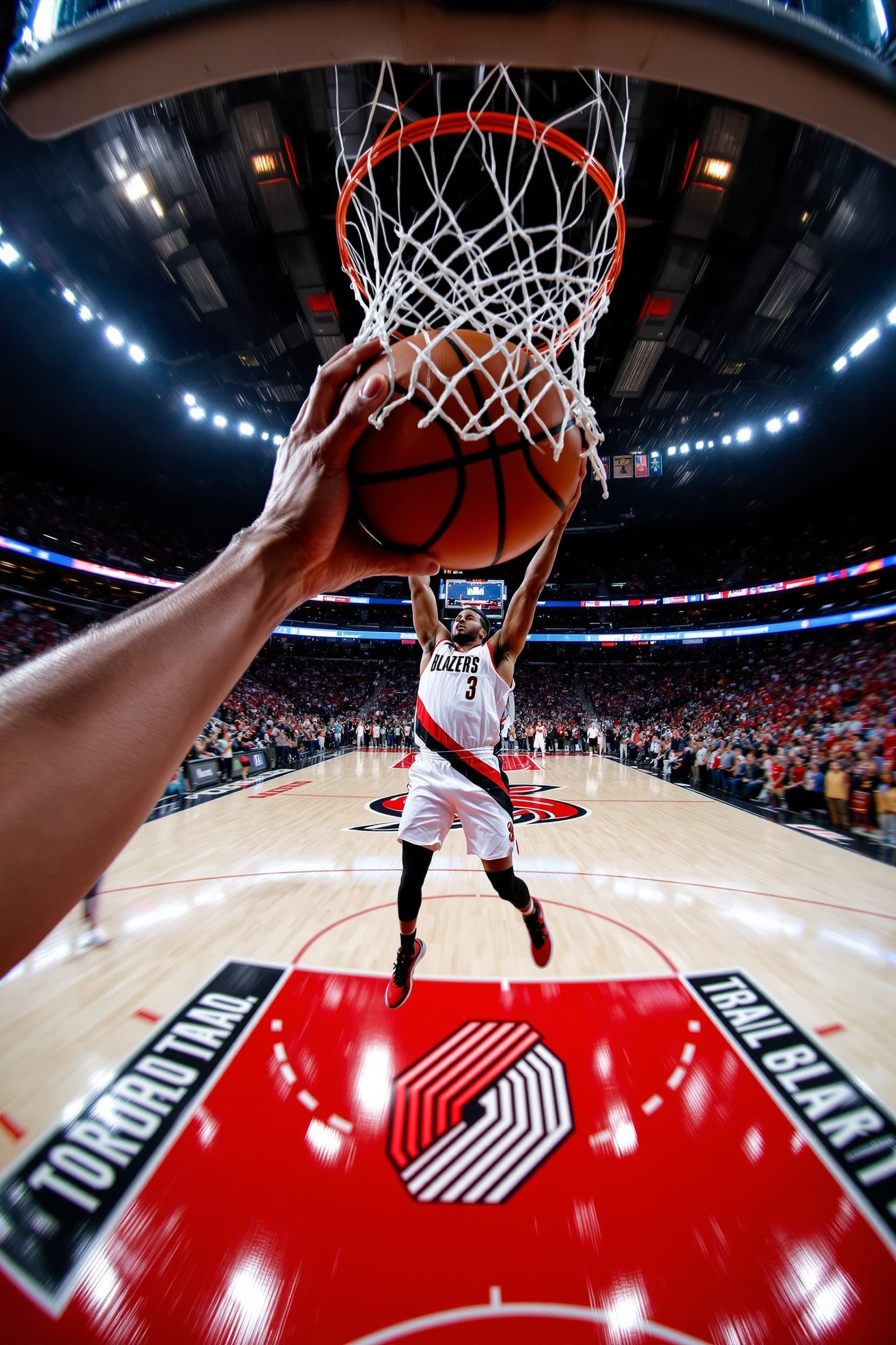 gopro action shot, head-mounted camera during slam dunk, hands gripping basketball mid-air, rim and bright stadium lights in front, Portland Trail Blazers logo on floor, sweat and motion blur, high-speed cinematic sports realism, crowd cheering