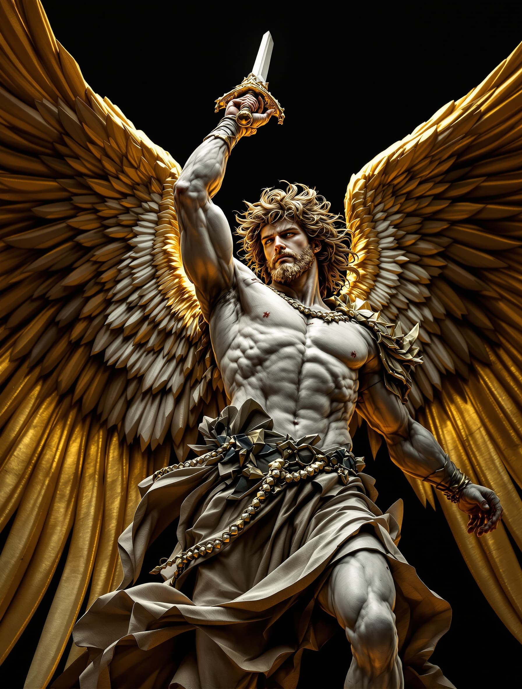 Saint Michael, the Archangel striking down with a sword in one hand. Dynamic downward angle. Heroic flowing hair. Dark souls vibes.. A long vertical composition. Gold-and-earth tones high contrast. Highly textured and detailed. Bernini statue style. Bright contrast and lighting on the masculine, rugged and handsome face. Large angel wings. Muscular anatomy, and detailed armor. High detailed. dramatic shadows.