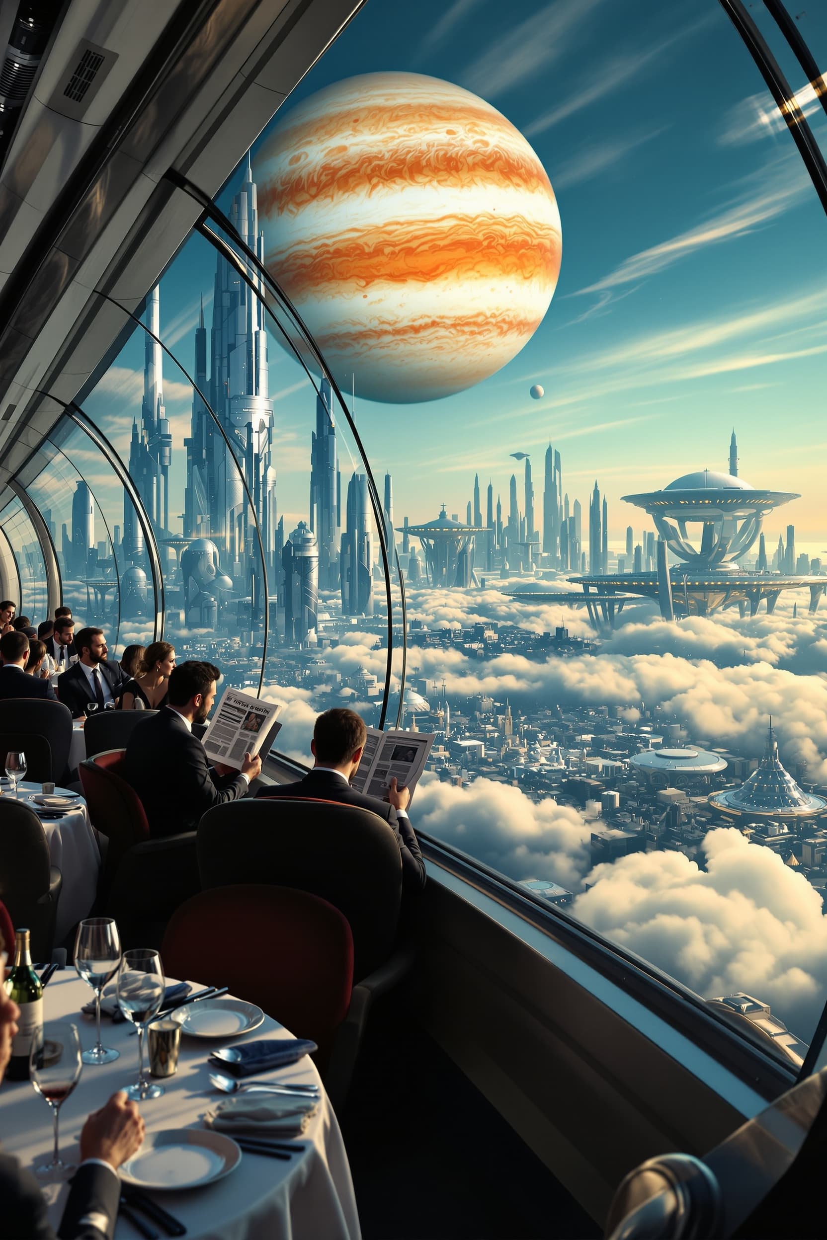 Ultra-realistic cinematic scene inside a luxurious futuristic train carriage with panoramic glass windows. Passengers, elegantly dressed in suits and formal attire, sit at refined dining tables with neatly arranged glasses and plates. Some are calmly reading newspapers, exuding sophistication and elegance. Outside the curved transparent windows, a breathtaking futuristic city stretches across the horizon towering metallic skyscrapers, dome-like structures, and floating platforms rising above the clouds. In the sky above the city, the giant planet Jupiter looms magnificently, its swirling orange and white bands and the Great Red Spot clearly visible, adding a surreal cosmic grandeur to the scene.