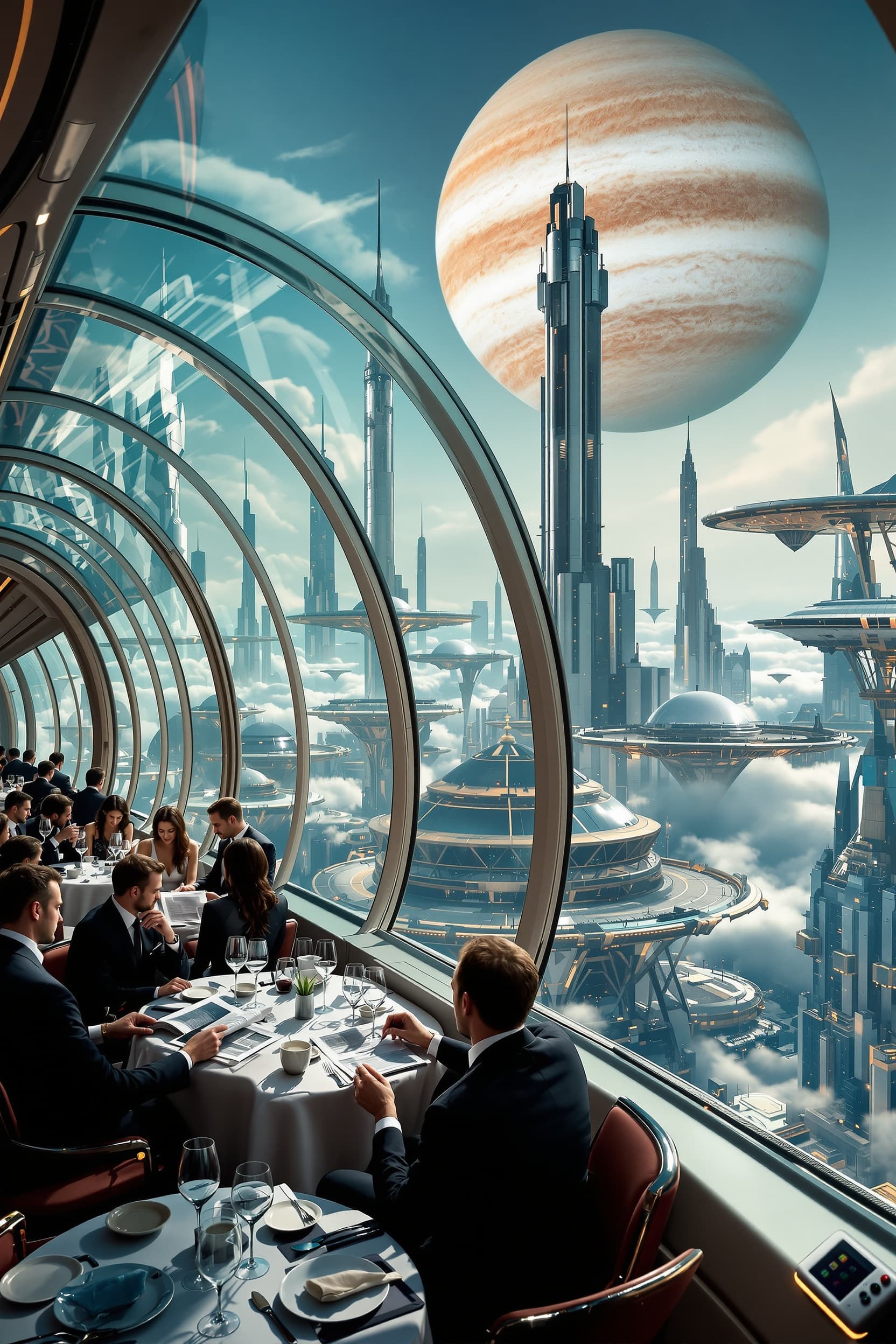 Ultra-realistic cinematic scene inside a luxurious futuristic train carriage with panoramic glass windows. Passengers, elegantly dressed in suits and formal attire, sit at refined dining tables with neatly arranged glasses and plates. Some are calmly reading newspapers, exuding sophistication and elegance. Outside the curved transparent windows, a breathtaking futuristic city stretches across the horizon towering metallic skyscrapers, dome-like structures, and floating platforms rising above the clouds. In the sky above the city, the giant planet Jupiter looms magnificently, its swirling orange and white bands and the Great Red Spot clearly visible, adding a surreal cosmic grandeur to the scene.