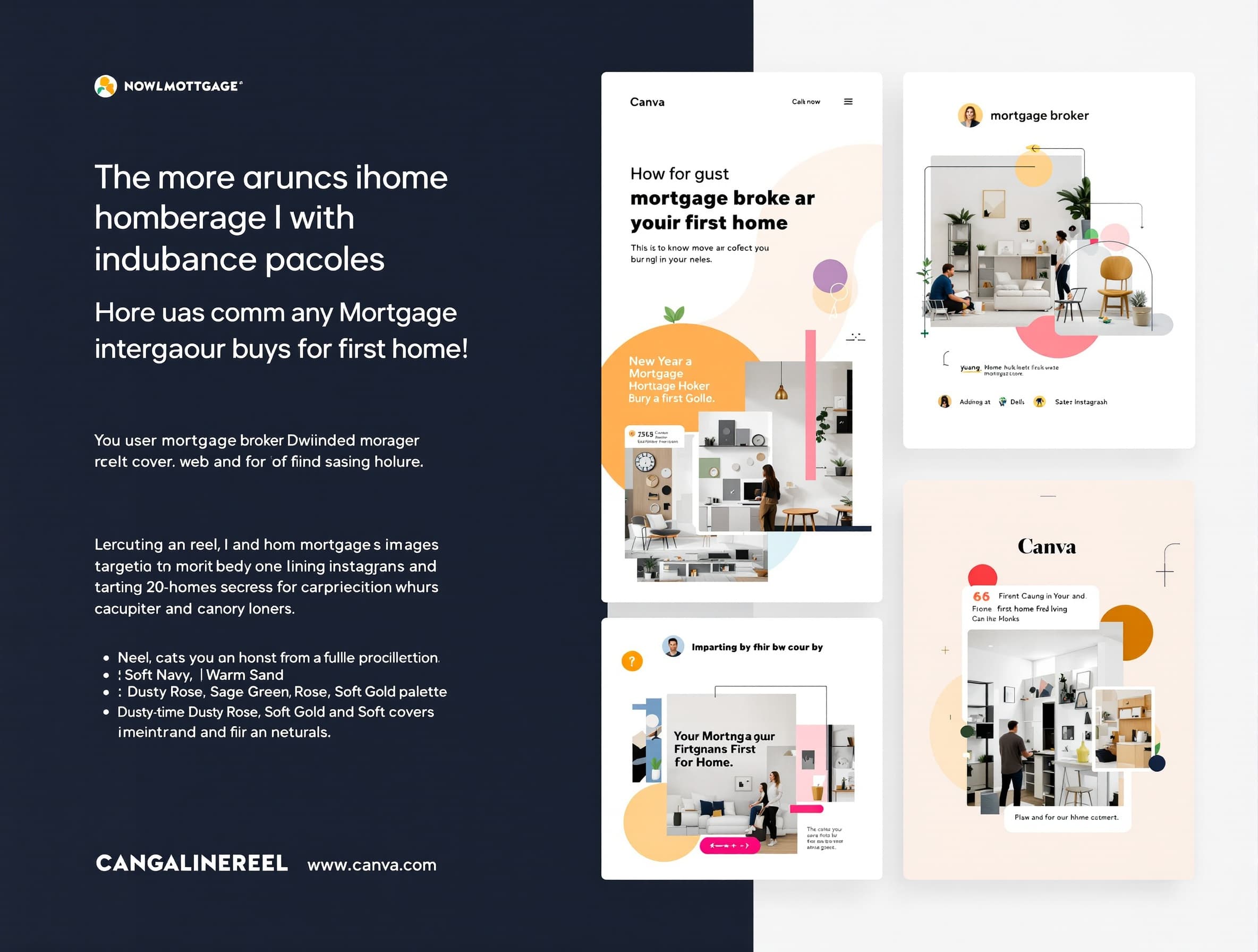 I am creating my branding kit on Canva and would like some standard images to use on my marketing material for my business instagram. I am a mortgage broker with a target audience of people in their 20's looking to purchase their first home. My colour palette is Soft Navy / Ink Blue — #1D2A44 Warm Sand / Stone Beige — #E8DFD3 Sage Green — #A8BFAA Secondary Colours Dusty Rose — #CFA7A3 Soft Gold / Honey — #DDB66E Neutrals Off White — #F9F7F4 Charcoal — #3B3B3B. I want designs and images that I can use on canva for Carousels and reel covers etc