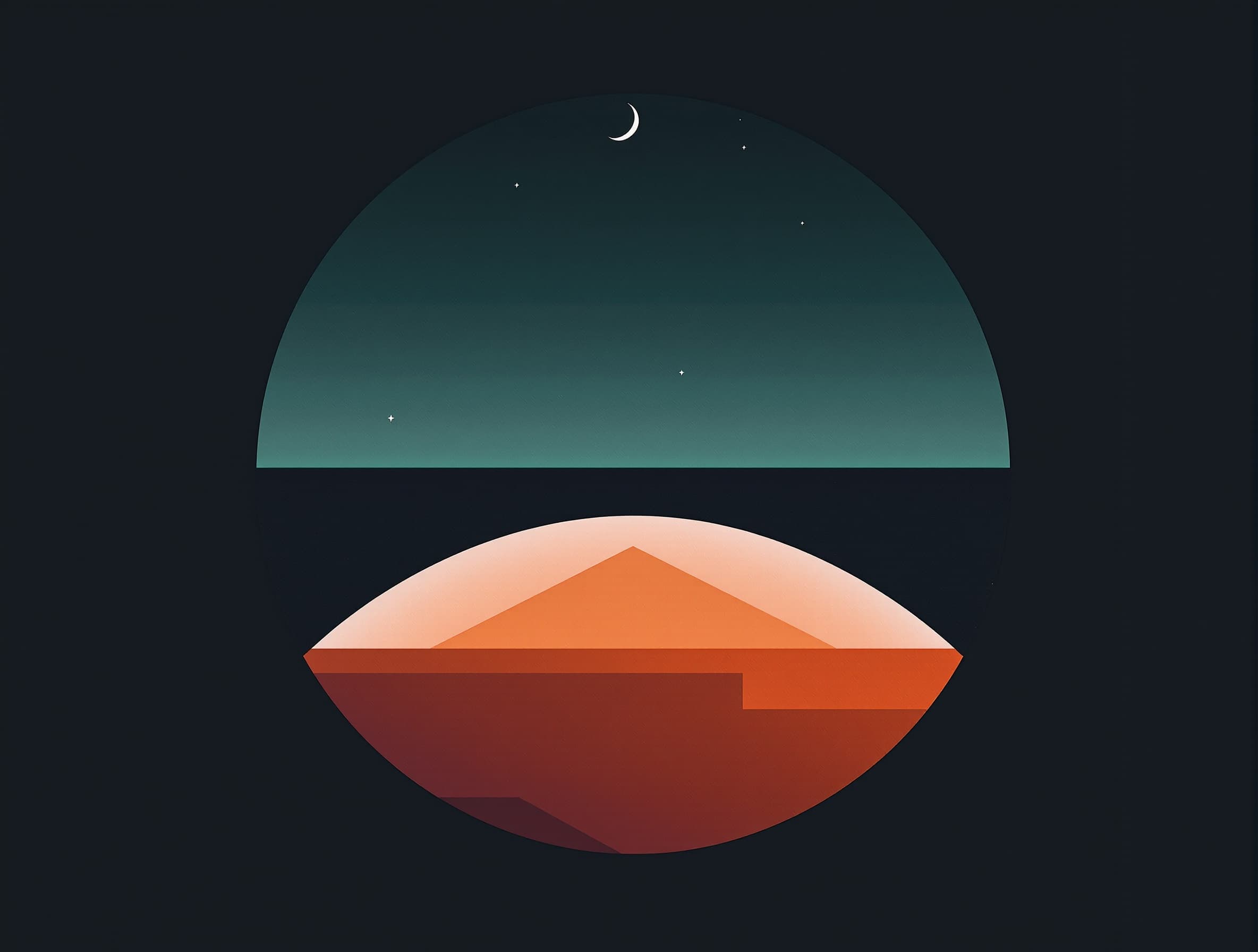 abstract sunset and night sky blend, circular frame, crescent moon floating above horizon, subtle stars, gradient background from dark blue-green to burnt orange and crimson, minimalistic geometric design, soft textures, contemporary graphic art, serene and meditative mood --ar 1:1 --v 6