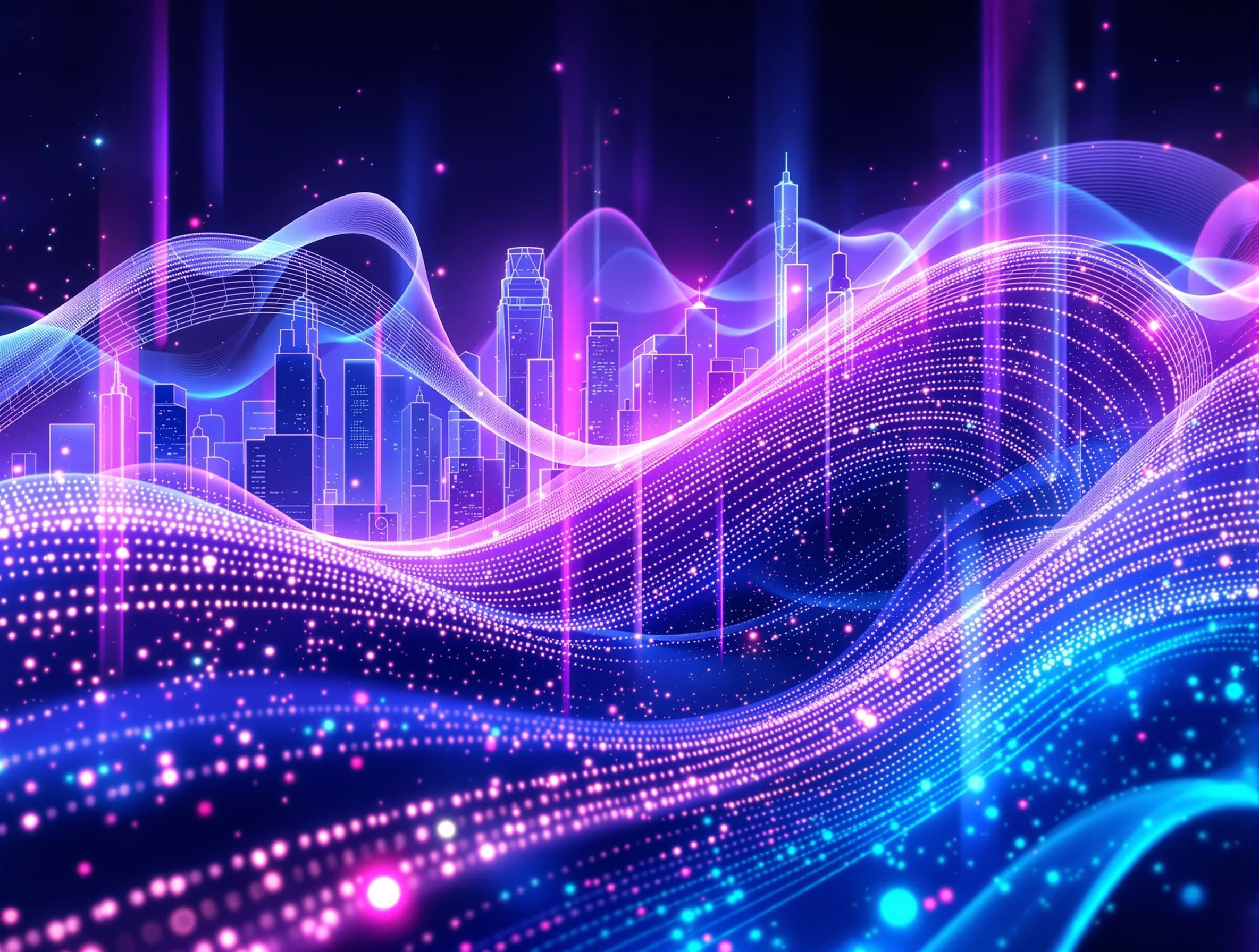 Futuristic abstract scene of layered holographic music staffs and synth curves weaving through a luminous cityscape silhouette. Cool cyan and violet palette, gentle volumetric light, sleek and optimistic tone. Cinematic, high-detail but clean, no humans