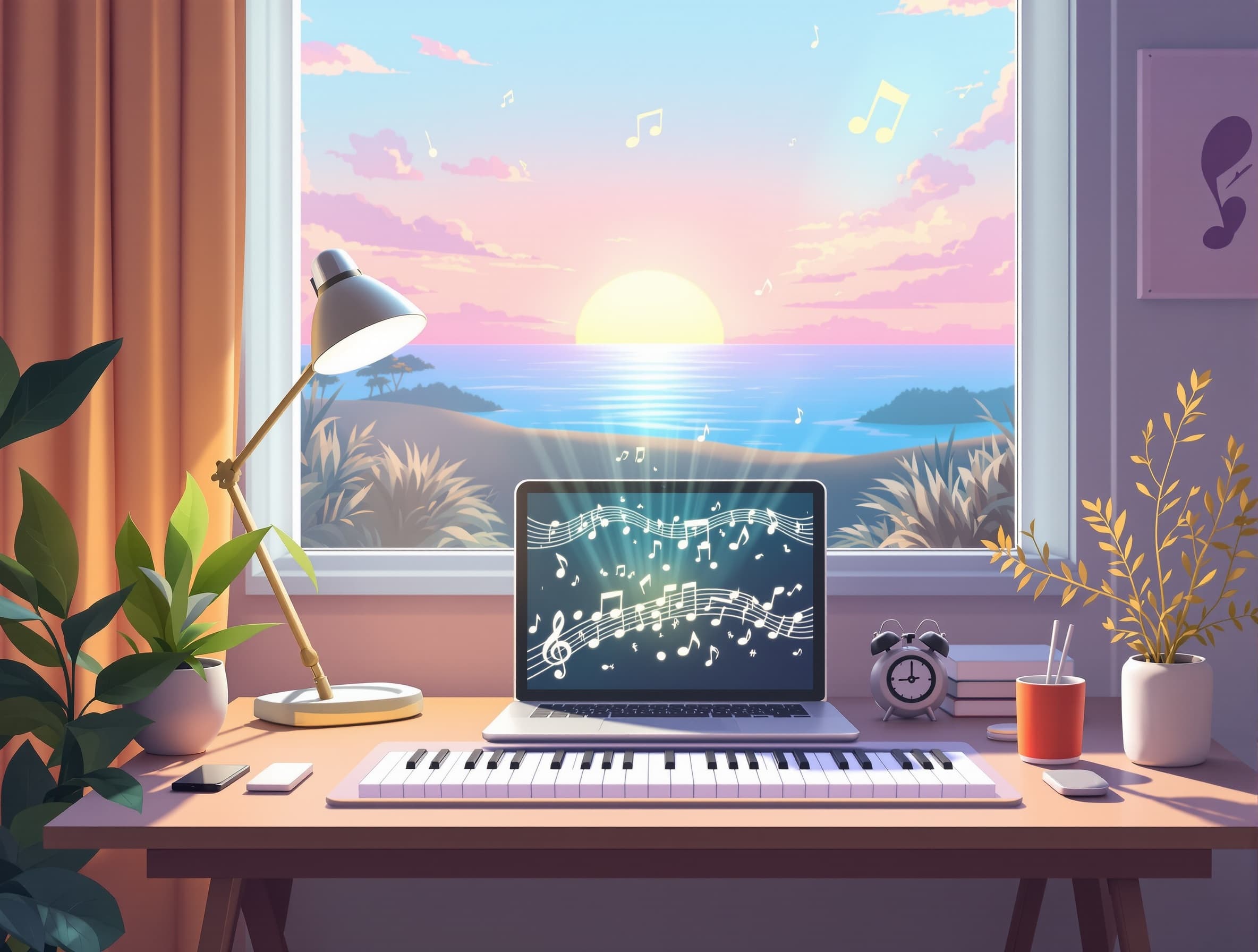 Warm, inviting cover illustration: a simple desk with a laptop emitting soft musical light rays, notes turning into a sunrise over a calm horizon. Friendly, beginner‑friendly vibe, soft gradients, pastel accents, modern flat‑meets‑3D style, no characters.