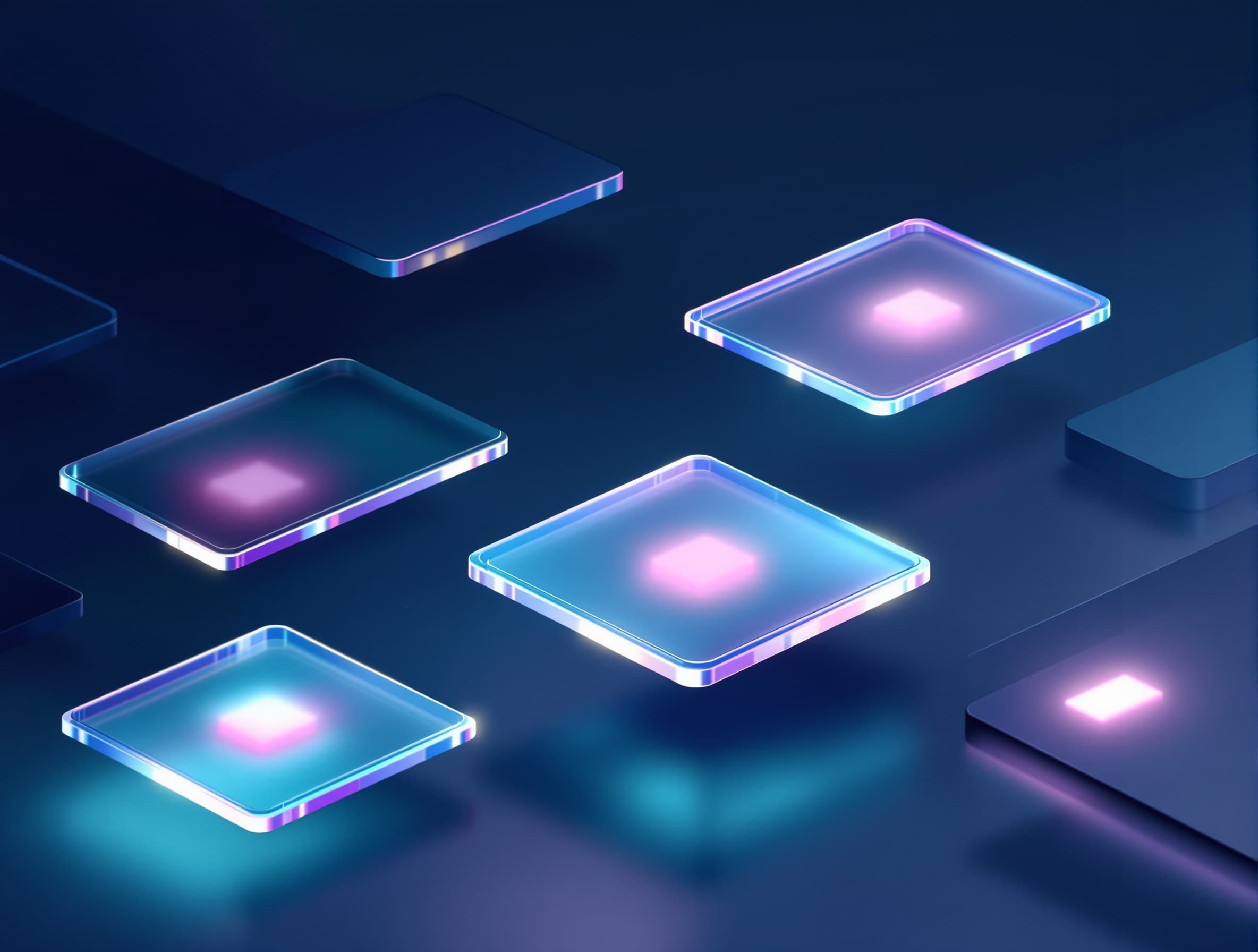 Clean product‑update hero image: modular UI cards floating in a glassmorphism space, each card subtly glowing. Deep blue background with teal highlights, polished SaaS aesthetic, crisp edges, subtle reflections, no text, no logos.