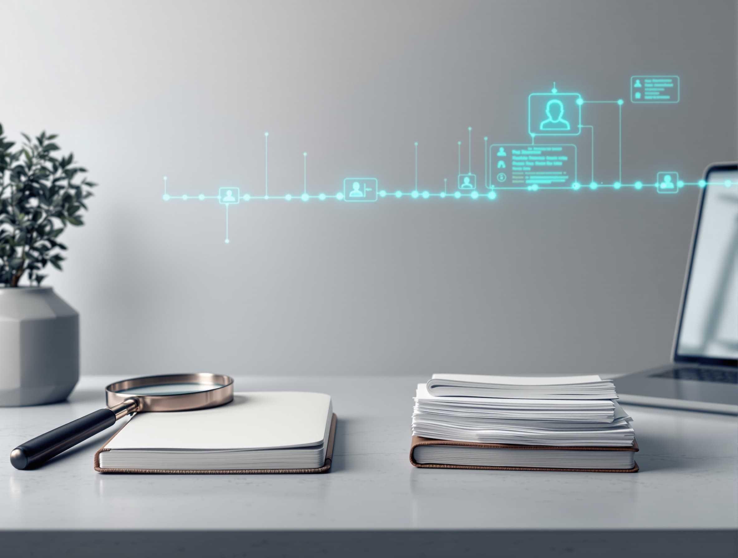 Minimalist investigative workflow tableau: a clean desk with a notebook, a magnifying glass, a laptop showing blurred public records (no readable text), and a timeline made of thin glowing lines connecting abstract profile nodes; calm, trustworthy, and methodical mood; cool gray and deep navy palette with subtle teal accents; soft studio lighting; no people, no faces, no logos; wide composition with empty space for title; high‑resolution editorial cover style.