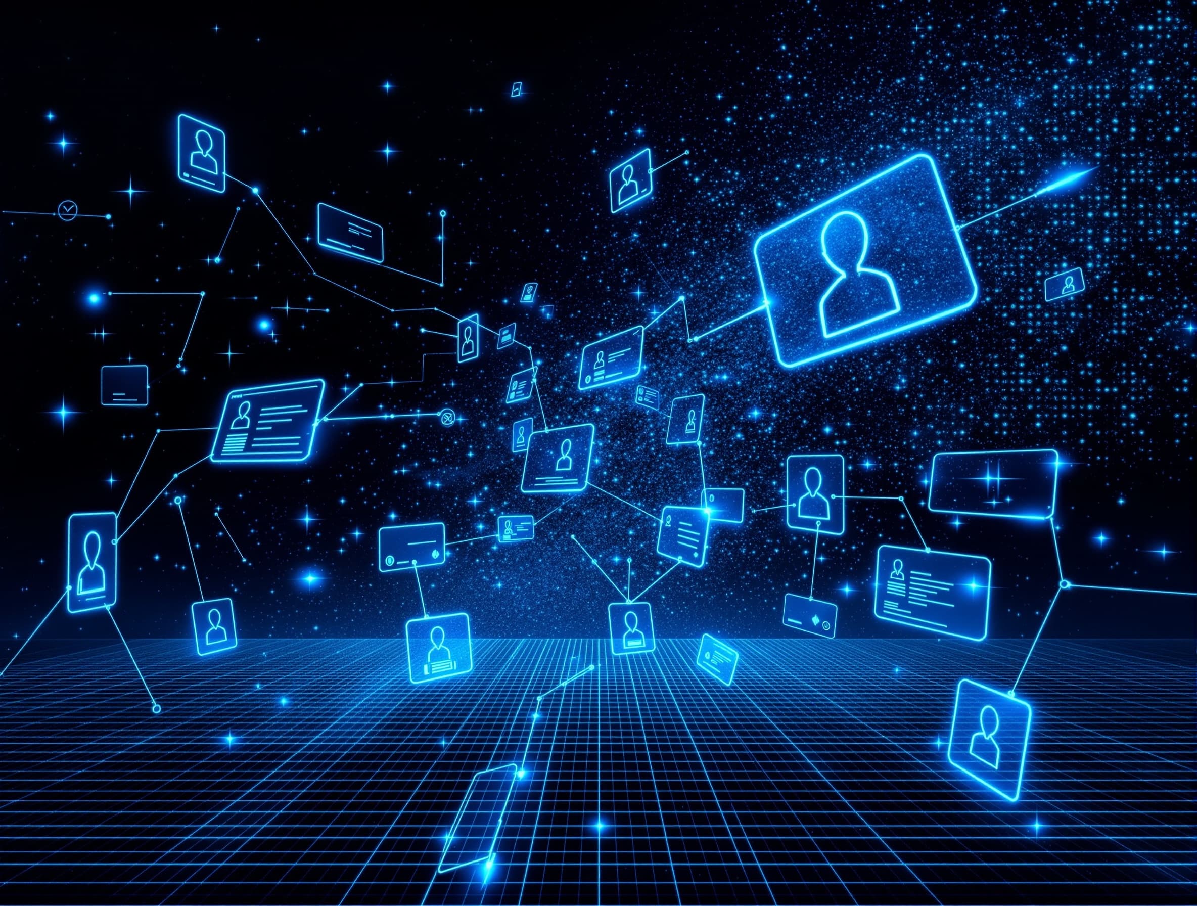 Abstract data‑matching concept: overlapping translucent name cards and ID tokens in a fog of noisy dots, with crisp lines linking true matches while false links fade; subtle grid background suggesting probabilistic scoring; monochrome slate base with electric blue highlights; precise, technical mood; no text, no brand marks; high‑resolution vector‑style illustration with light depth and soft glow; wide layout for blog cover.