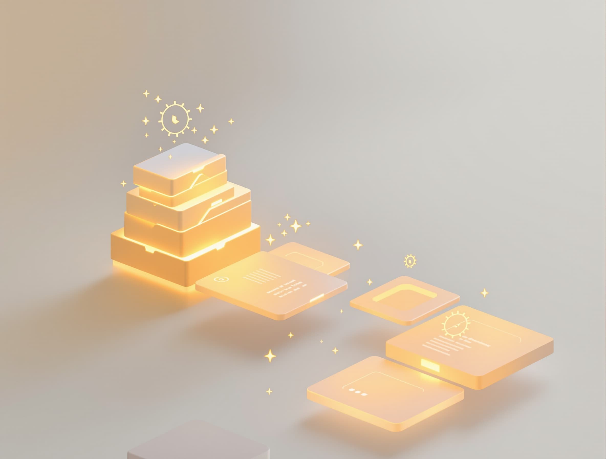 Product update visual metaphor: stacked evidence folders transforming into a clean, flowing export stream of glowing tiles; a clear “trail” of linked cards that read as claims and sources without text; warm‑neutral base with confident amber accents; polished SaaS launch aesthetic; no people, no logos, no readable UI; wide composition with generous header space; high‑resolution, crisp, modern style.