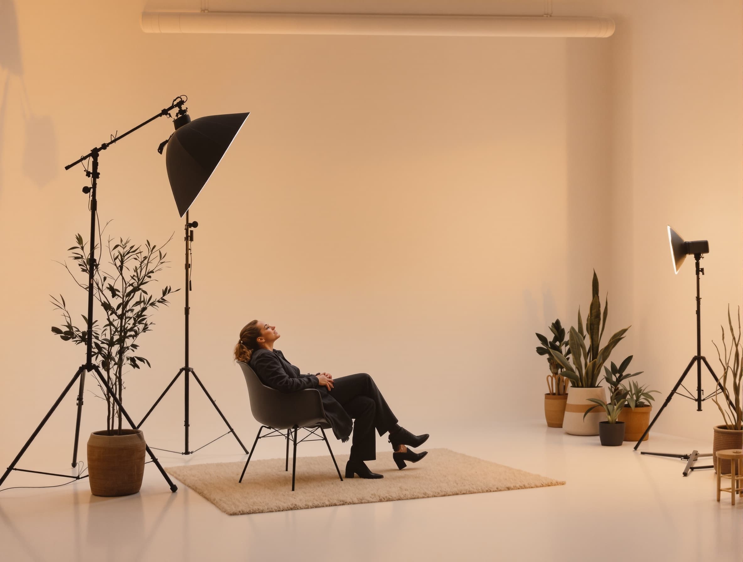 Founder in a quiet studio at dusk, soft window light, warm walnut textures, calm and confident mood, subtle brand color accent on the desk, minimal typography shapes in background, cinematic, shallow depth of field