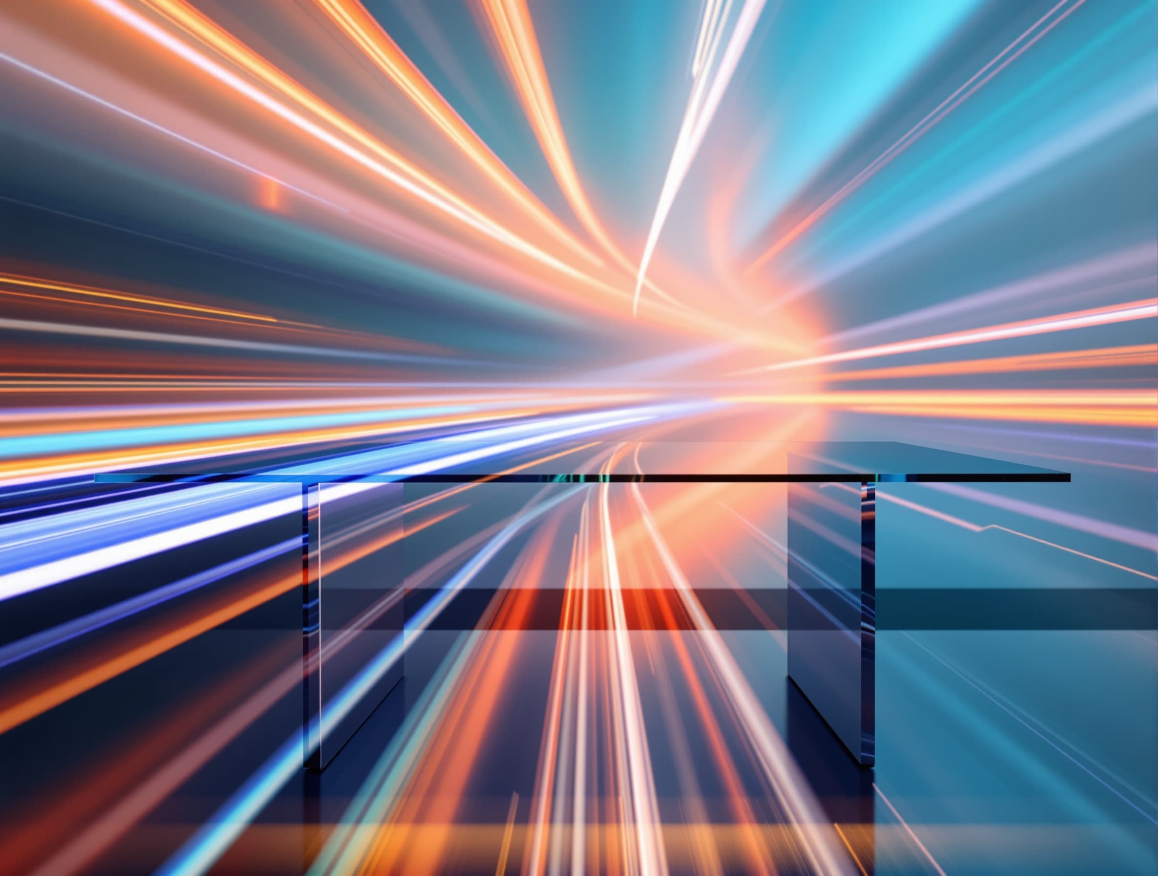 Abstract motion blur of light trails over a sleek workstation, cool-to-warm gradient, crisp highlights, sense of speed and precision, modern tech editorial style.