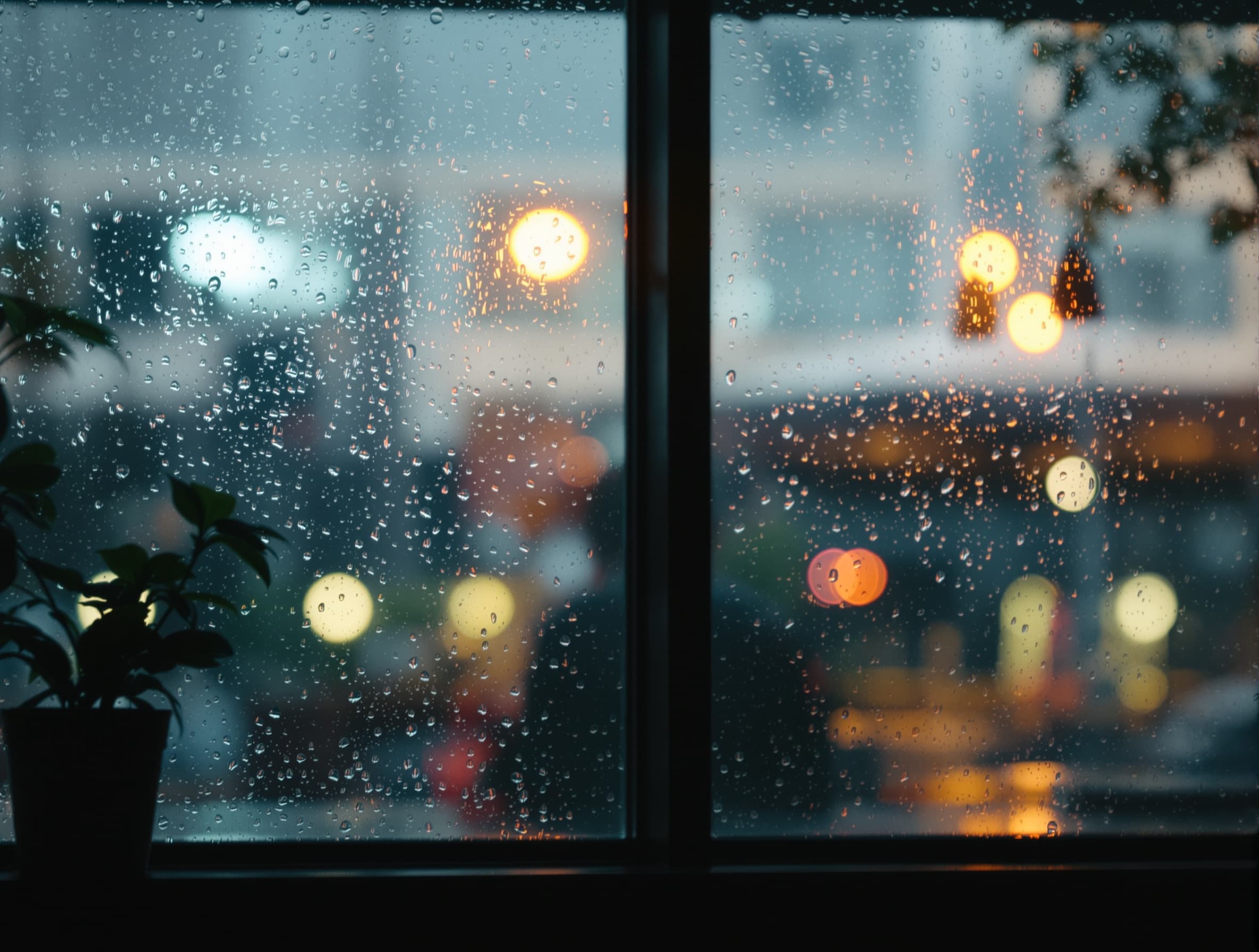 Muted teal and amber palette, cinematic dusk lighting, a quiet cafe interior with rain on the window, shallow depth of field, soft contrast.