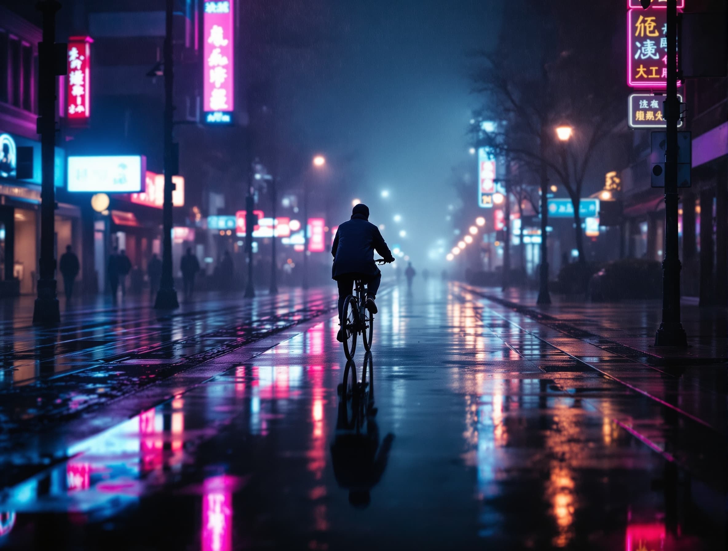 Rainy neon street at night, lone cyclist in the distance, soft reflections, cinematic haze, 35mm film grain, moody and restrained.