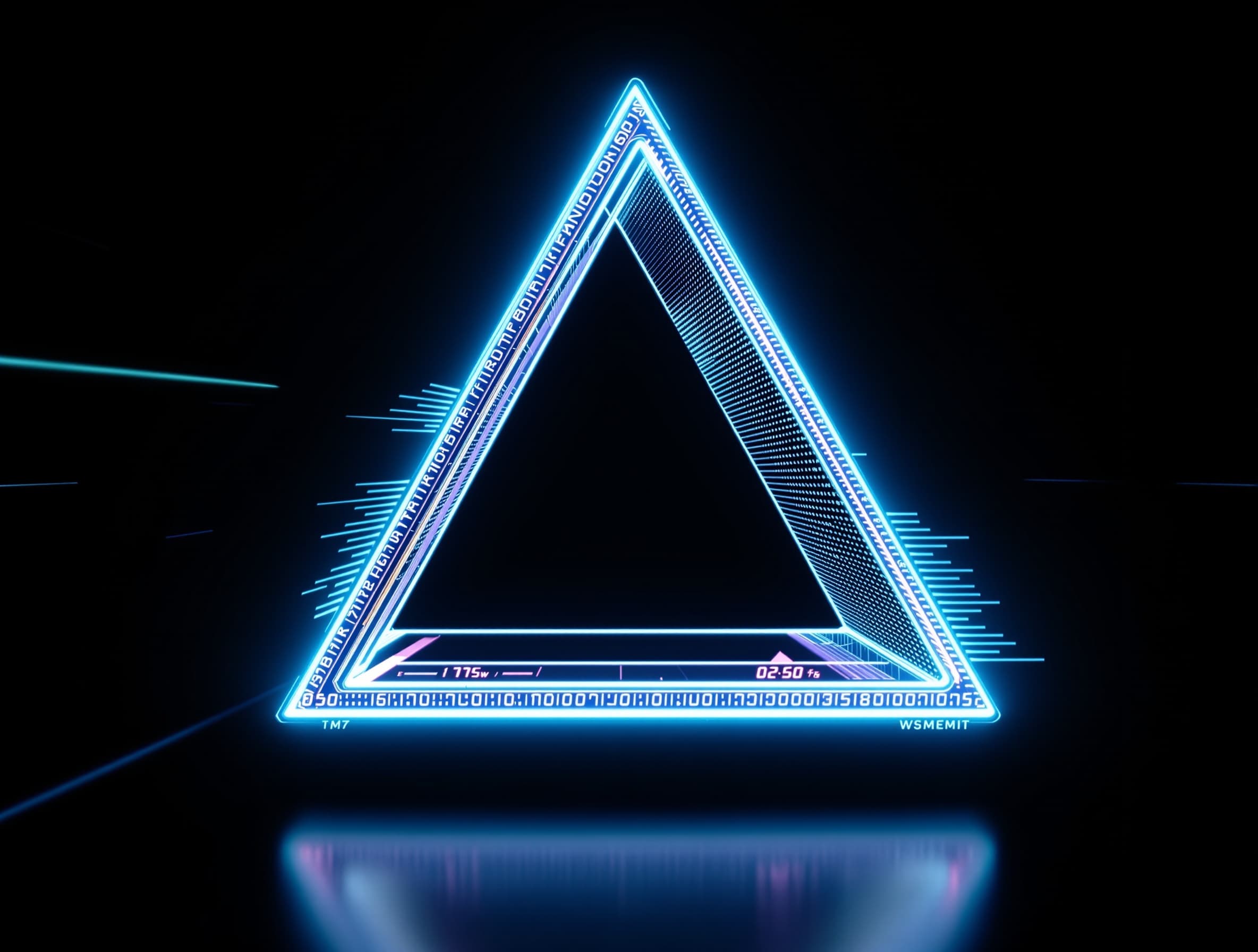 An abstract triangular balance scale made of light, each corner labeled by visual cues: speed streaks (latency), rich textured waveform (quality), precision dials (control), centered in a dark minimal space, cyan and violet highlights, crisp edges, high-tech feel, no text