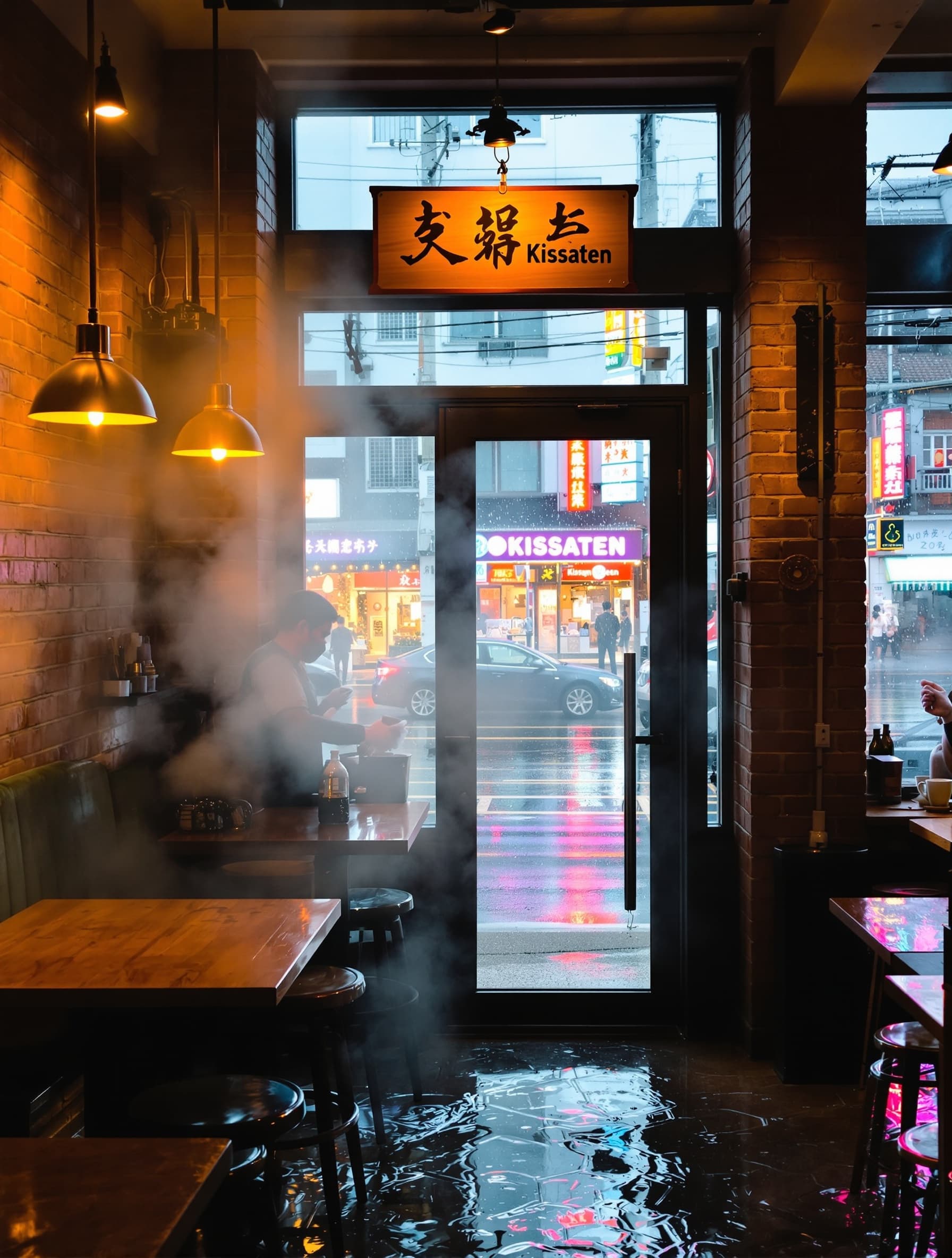 A cozy coffee shop on a rainy day in Tokyo, warm lighting through steamy windows, puddles reflecting neon signs
