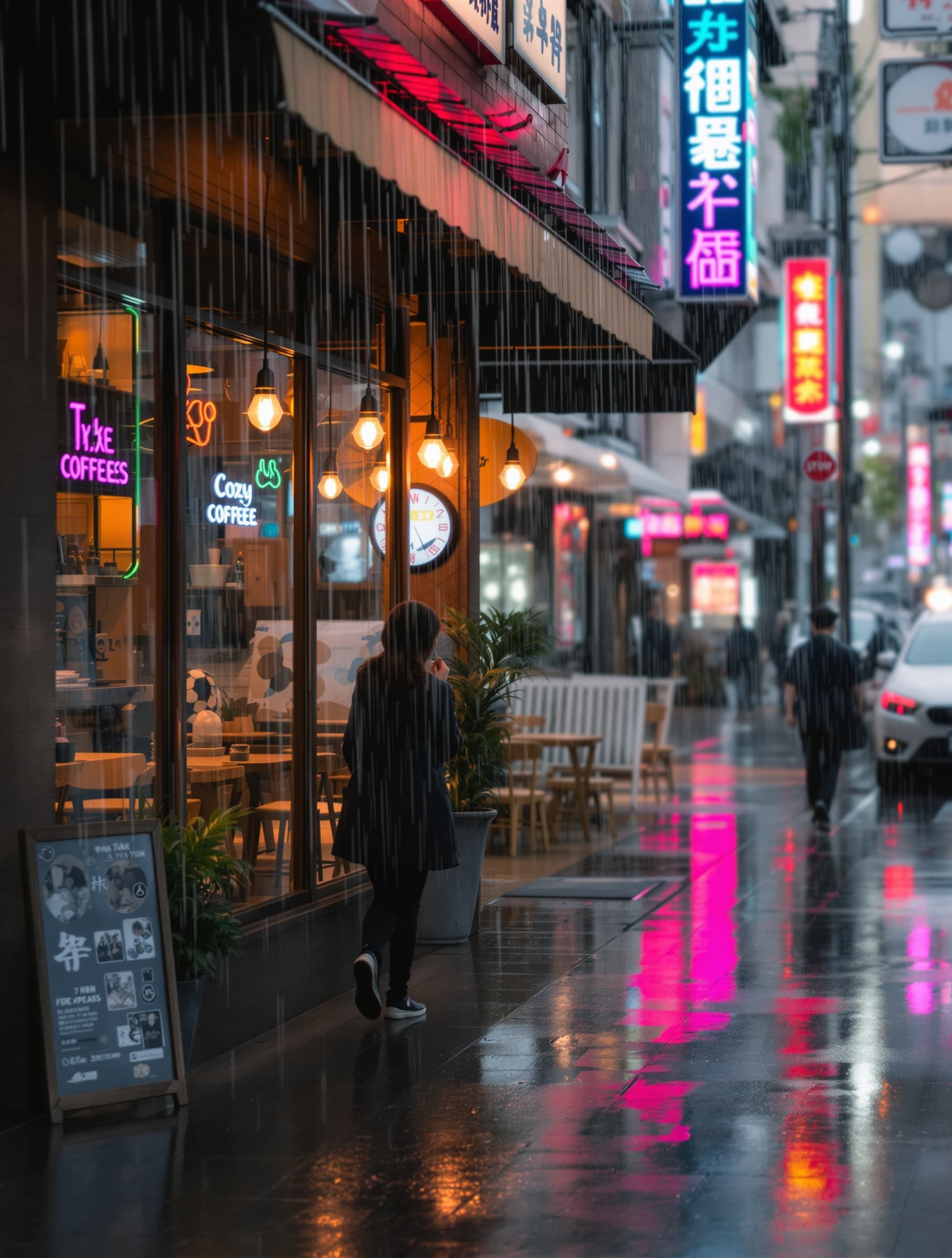 A cozy coffee shop on a rainy day in Tokyo, warm lighting through steamy windows, puddles reflecting neon signs