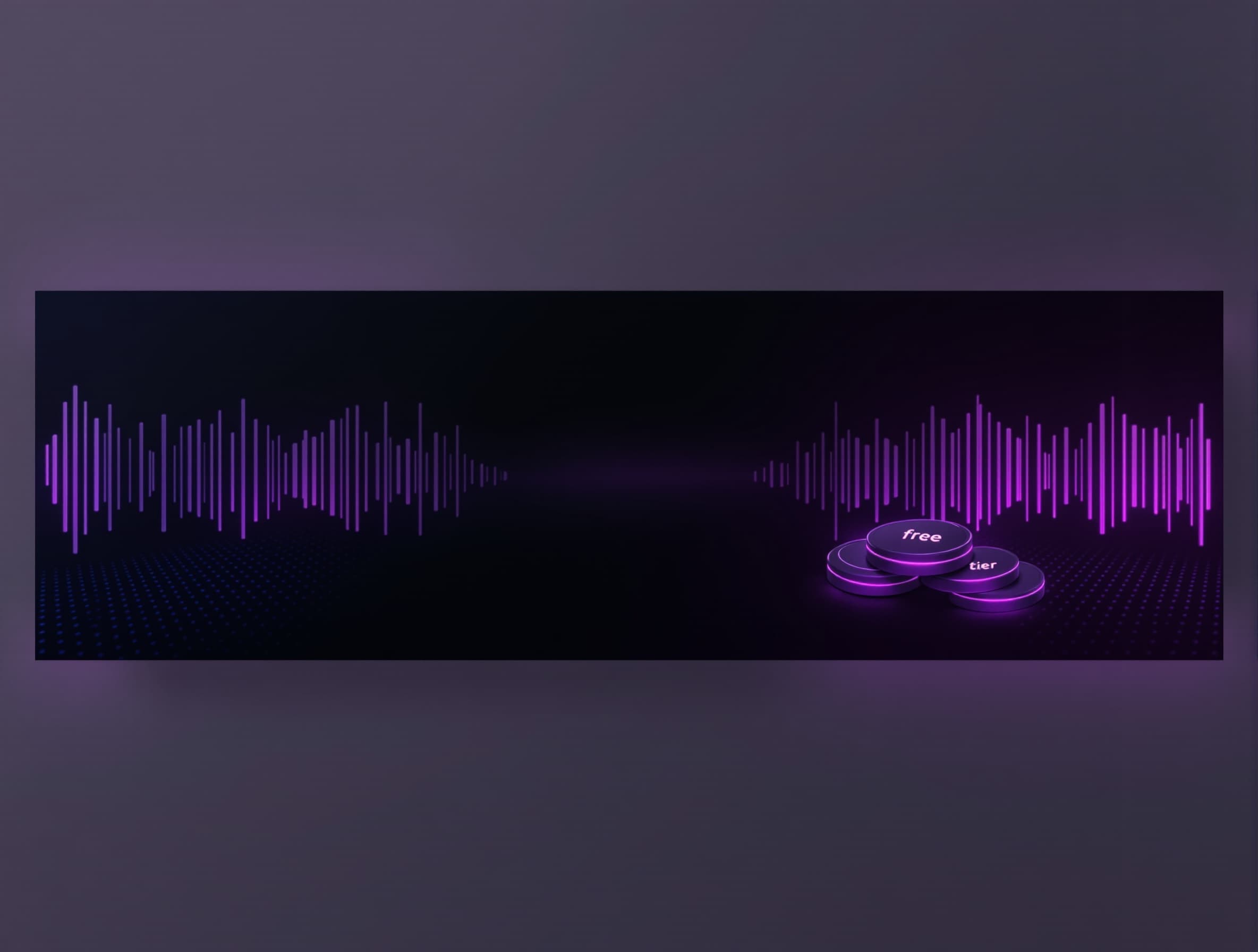 Wide banner showing glowing ‘free tier’ credit tokens, stacked music cards, and subtle waveform background; purple‑to‑black gradient; elegant tech editorial style; premium lighting; minimal composition; no text; 21:9 aspect ratio.