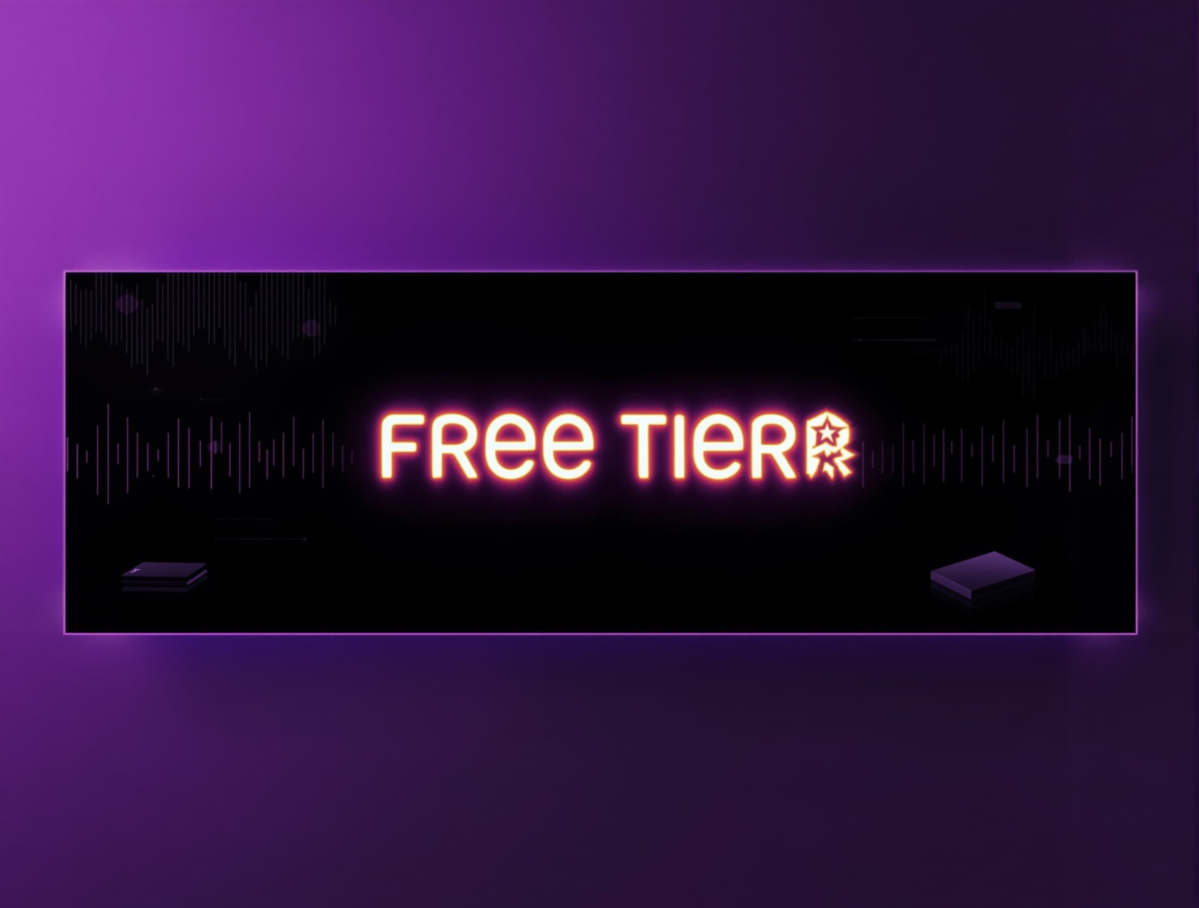 Wide banner showing glowing ‘free tier’ credit tokens, stacked music cards, and subtle waveform background; purple‑to‑black gradient; elegant tech editorial style; premium lighting; minimal composition; no text; 21:9 aspect ratio.