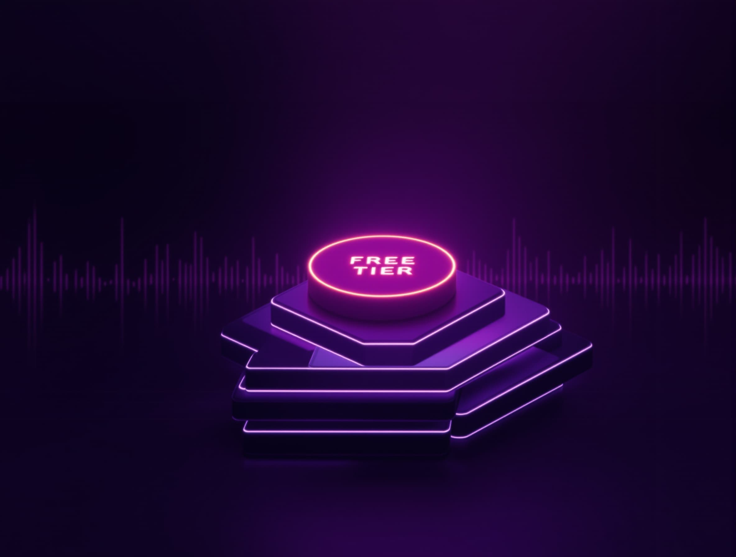 Wide banner showing glowing ‘free tier’ credit tokens, stacked music cards, and subtle waveform background; purple‑to‑black gradient; elegant tech editorial style; premium lighting; minimal composition; no text; 21:9 aspect ratio.