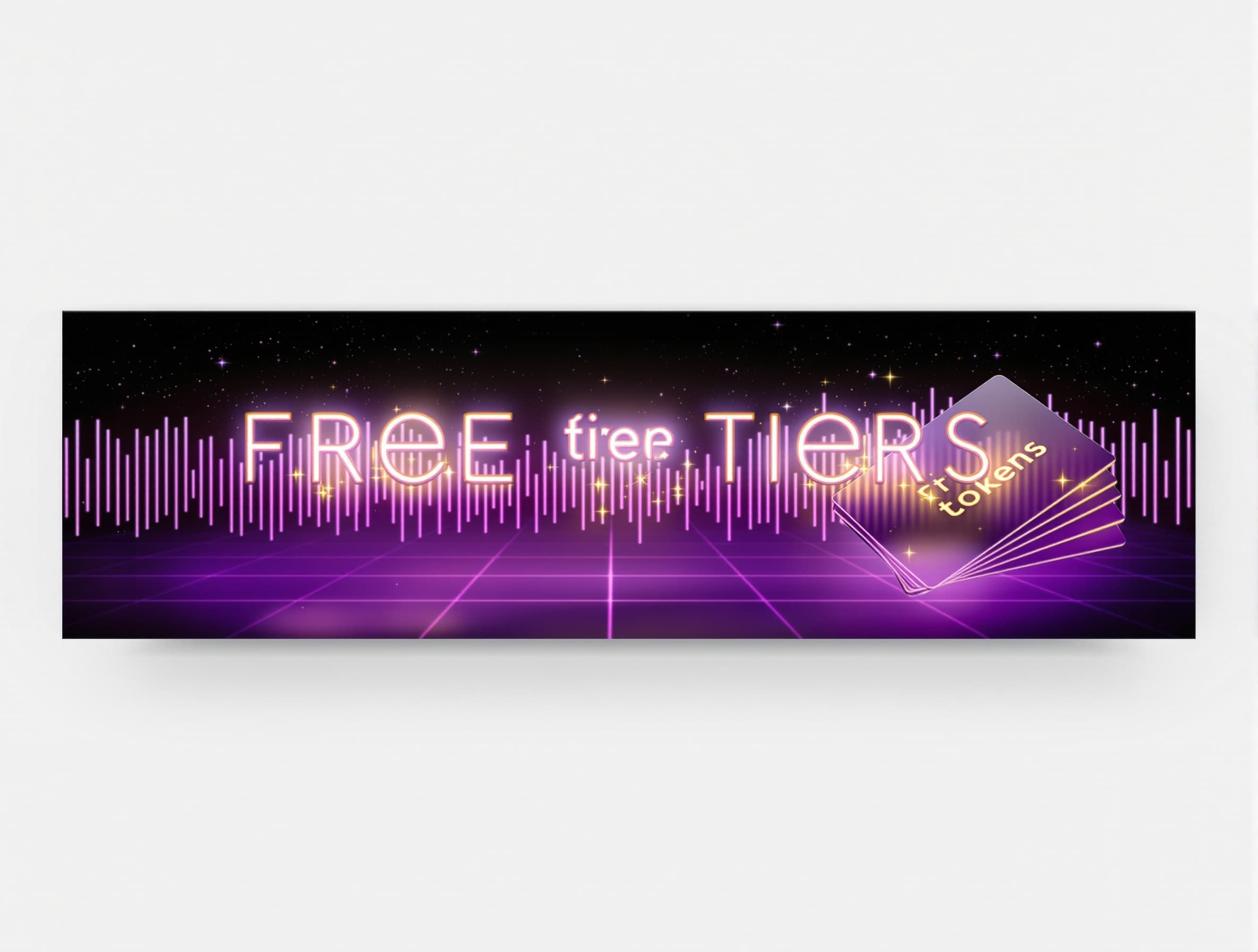 Wide banner showing glowing ‘free tier’ credit tokens, stacked music cards, and subtle waveform background; purple‑to‑black gradient; elegant tech editorial style; premium lighting; minimal composition; no text; 21:9 aspect ratio.