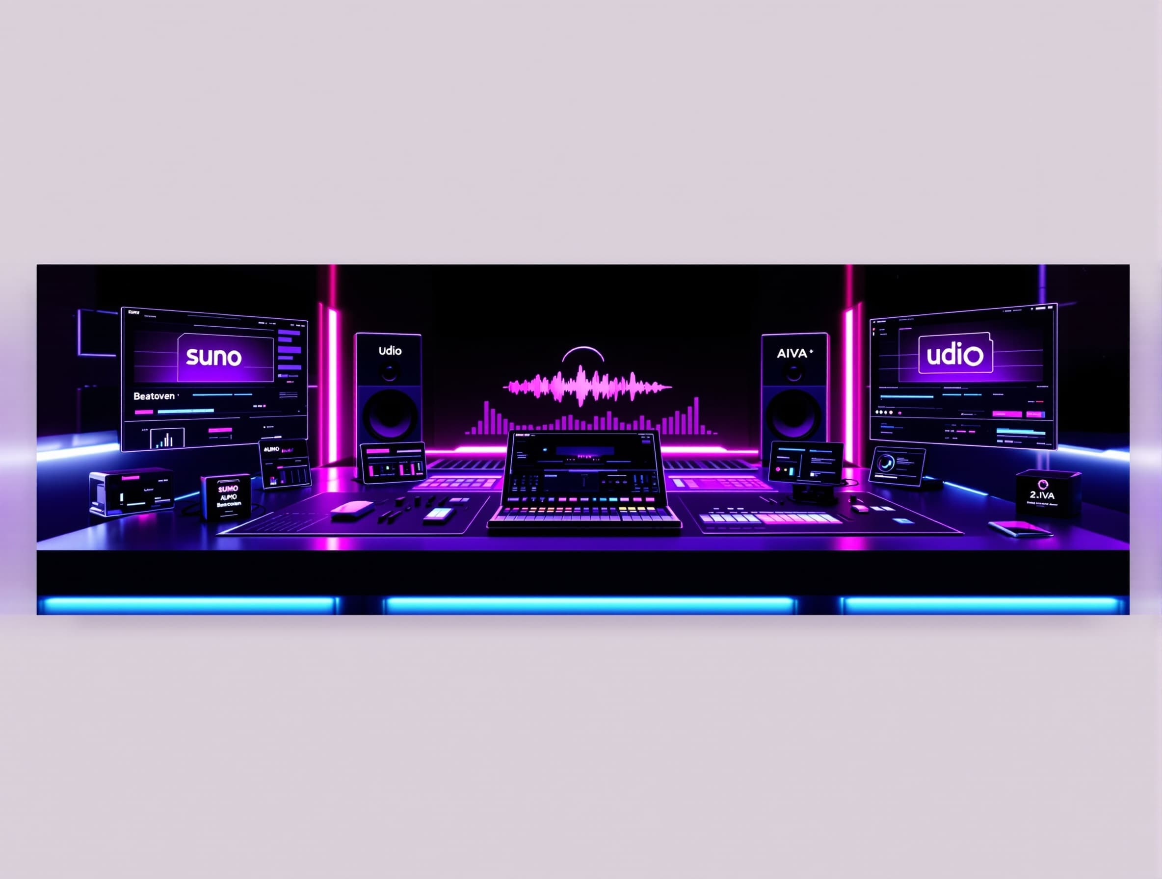 Cinematic wide banner, futuristic studio desk with floating audio waveforms and glowing UI cards labeled ‘Suno’, ‘Udio’, ‘SUMO’, ‘Beatoven’, ‘AIVA’; neon purple and deep black palette; soft volumetric lighting; premium tech editorial aesthetic; minimal, clean composition; ultra‑sharp; no text overlays; 21:9 aspect ratio