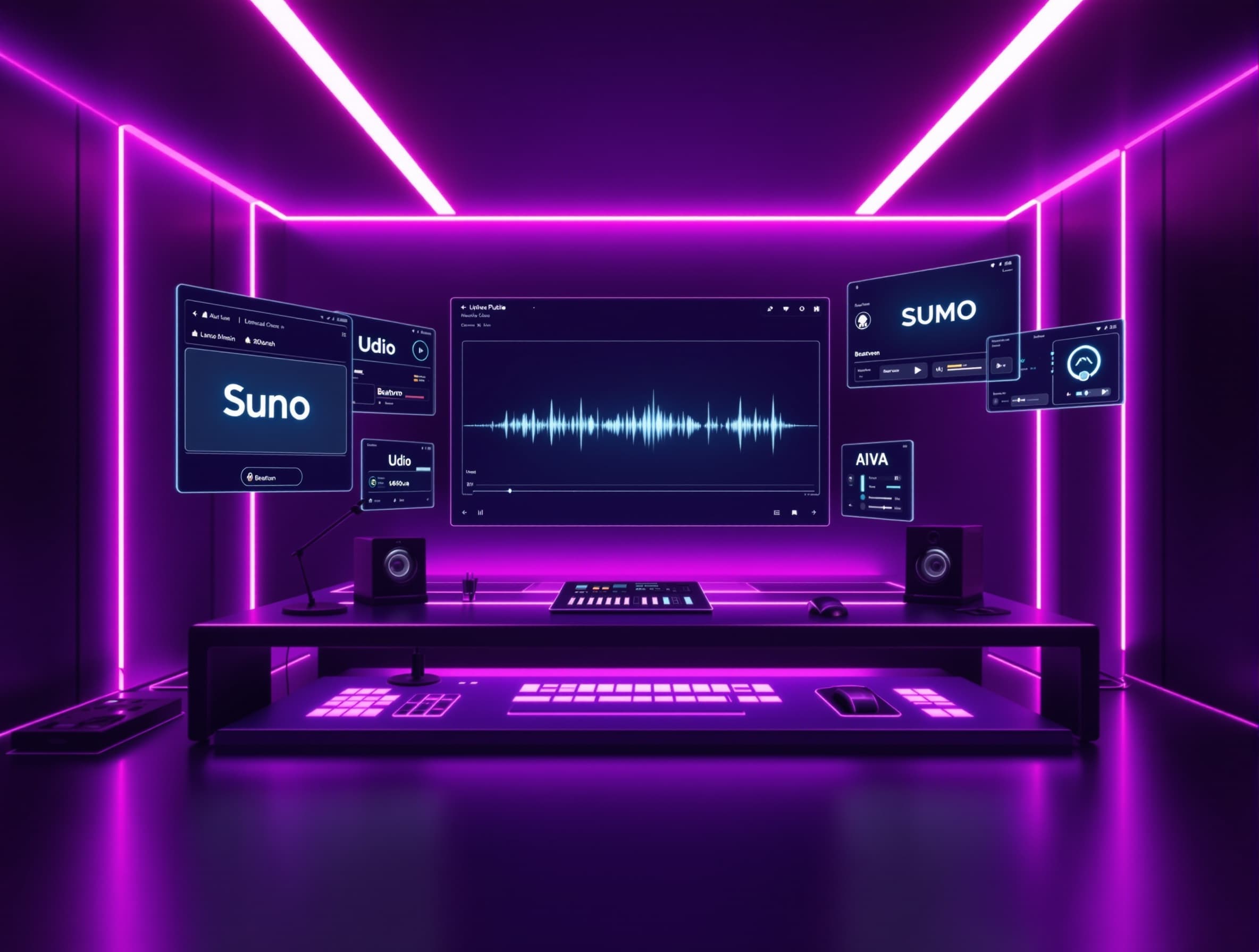 Cinematic wide banner, futuristic studio desk with floating audio waveforms and glowing UI cards labeled ‘Suno’, ‘Udio’, ‘SUMO’, ‘Beatoven’, ‘AIVA’; neon purple and deep black palette; soft volumetric lighting; premium tech editorial aesthetic; minimal, clean composition; ultra‑sharp; no text overlays; 21:9 aspect ratio