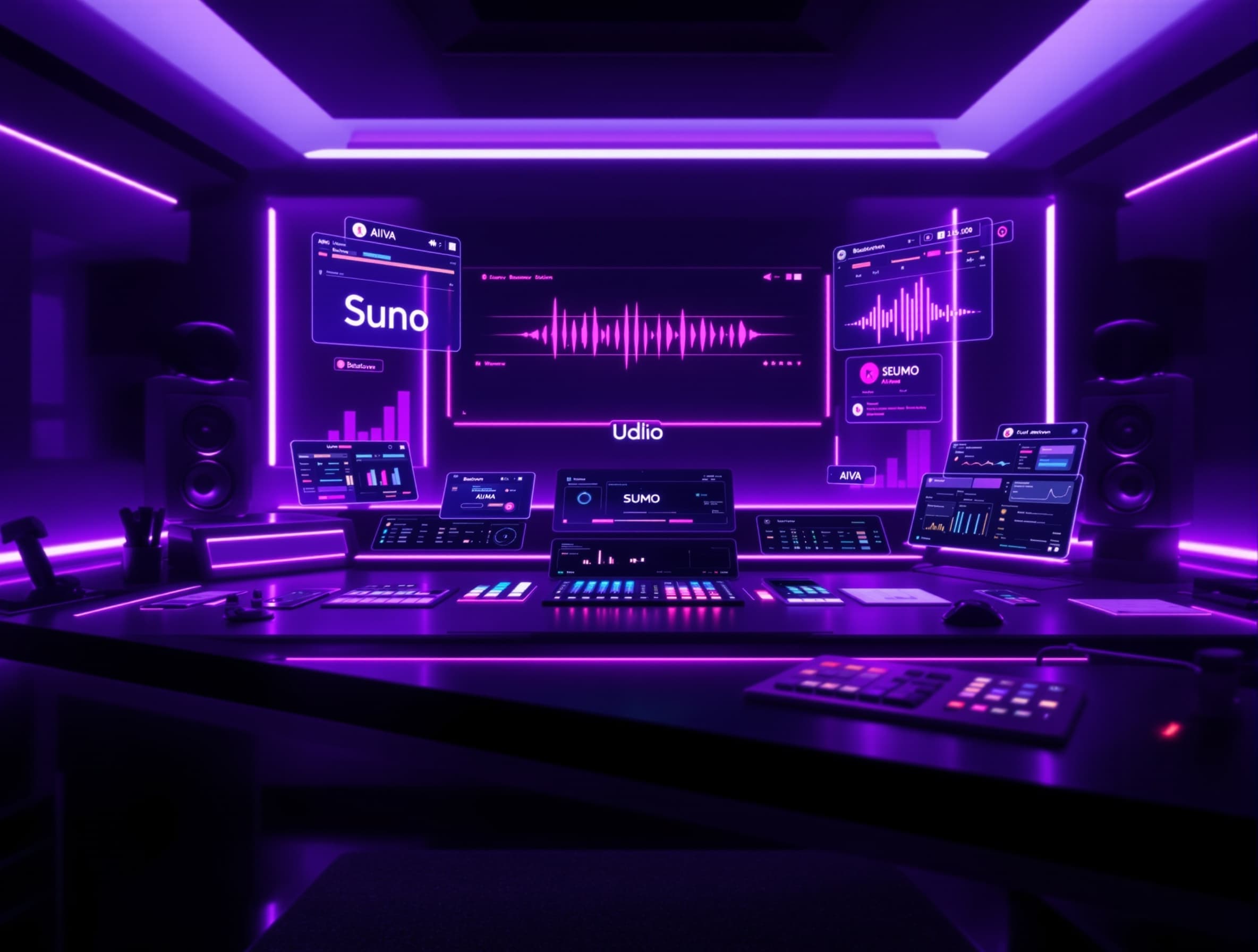 Cinematic wide banner, futuristic studio desk with floating audio waveforms and glowing UI cards labeled ‘Suno’, ‘Udio’, ‘SUMO’, ‘Beatoven’, ‘AIVA’; neon purple and deep black palette; soft volumetric lighting; premium tech editorial aesthetic; minimal, clean composition; ultra‑sharp; no text overlays; 21:9 aspect ratio