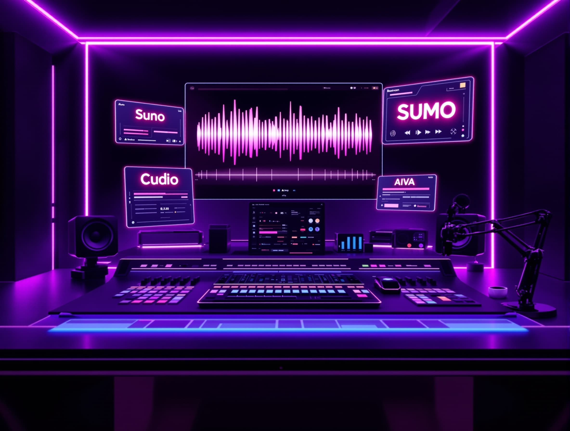 Cinematic wide banner, futuristic studio desk with floating audio waveforms and glowing UI cards labeled ‘Suno’, ‘Udio’, ‘SUMO’, ‘Beatoven’, ‘AIVA’; neon purple and deep black palette; soft volumetric lighting; premium tech editorial aesthetic; minimal, clean composition; ultra‑sharp; no text overlays; 21:9 aspect ratio