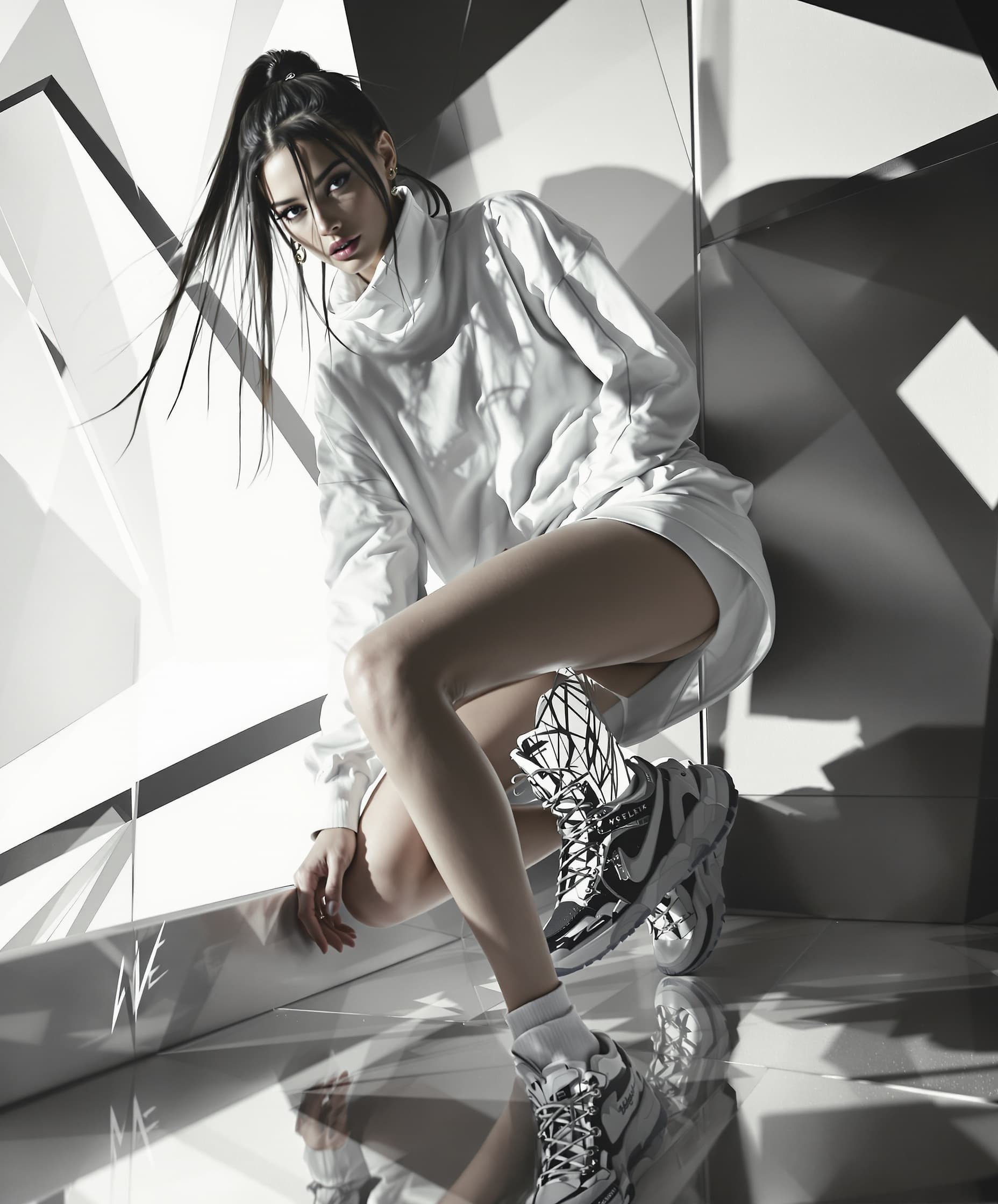 Model leaning towards the camera, low angle, ultra wide angle lens, one leg extended towards the camera, sneaker in focus, dynamic editorial pose, futuristic white tracksuit made of a sweater and a short tennis skirt, Deep studio lighting, contrasts, geometric background, fashion magazine style. Glamorous photorealism.