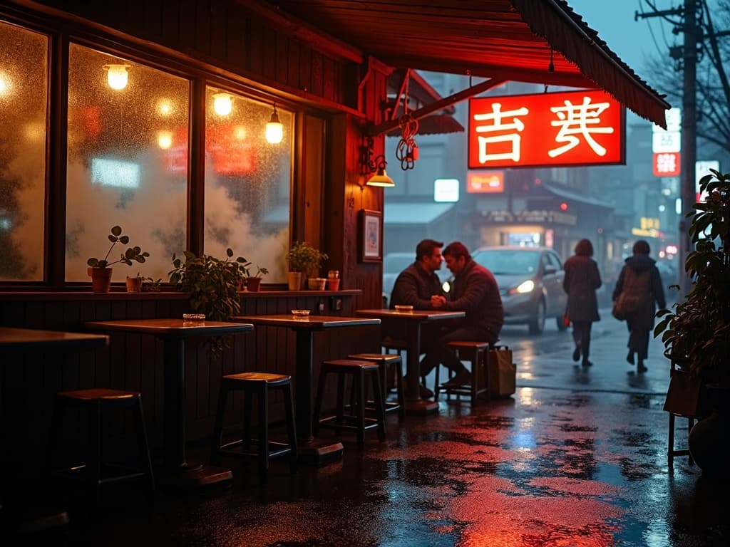 A cozy coffee shop on a rainy day in Tokyo, warm lighting through steamy windows, puddles reflecting neon signs