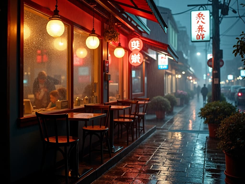 A cozy coffee shop on a rainy day in Tokyo, warm lighting through steamy windows, puddles reflecting neon signs