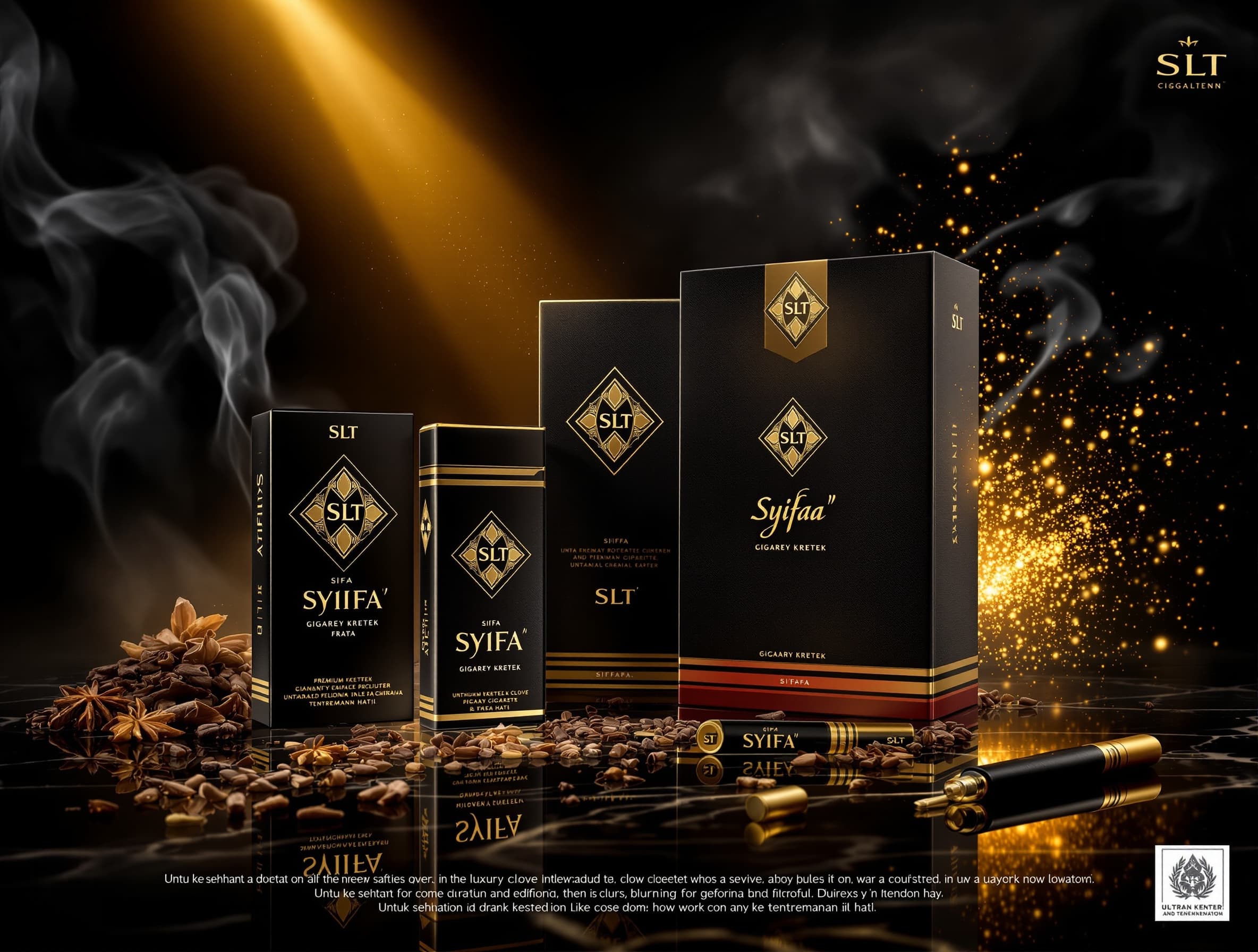 Luxury Indonesian clove cigarette (sigaret kretek) product advertisement, premium black and gold packaging, diamond-shaped logo “Slt”, product name “Syifaa’” written in elegant Arabic-inspired calligraphy, sacred and luxurious branding concept. Dramatic cinematic lighting, golden divine light beam from above, glowing gold particles floating in dark space, mystical atmosphere, soft swirling smoke around the product. Product layout on glossy reflective surface: one standing cigarette pack, one large box behind it, one opened pack lying in front, ultra-detailed gold foil accents, embossed textures, premium print finish. Traditional kretek ingredients at the base: cloves, tobacco leaves, warm spices. Color palette black, gold, and warm amber tones. Ultra-realistic commercial studio photography, luxury branding, high contrast, cinematic composition, shallow depth of field, 8K detail, sharp focus. --ar 2:3 --v 6 --style raw --q 2. low quality, blurry, cartoon, flat lighting, cheap packaging, distorted logo, wrong text, watermark, noise