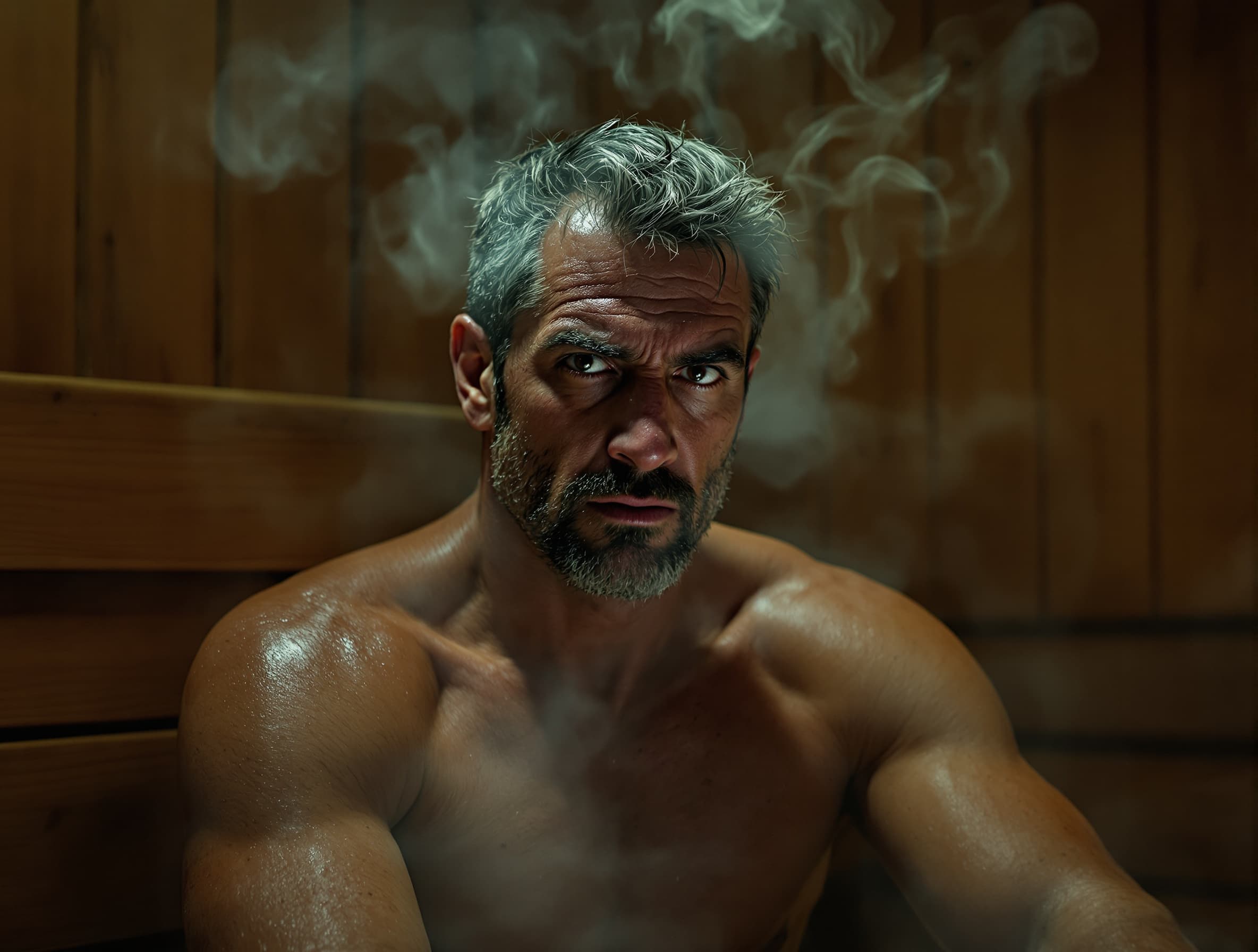 artistic cinematic portrait of a stage actor with powerful theatrical presence, expressive dramatic face, Chicago actor type man in a traditional wooden sauna, warm wooden background, visible steam, emotional expression, dramatic stage lighting, moody shadows, cinematic composition, realistic photo, shot on 85mm lens, ultra detailed skin, film still --ar 3:4 --v 6 --style raw