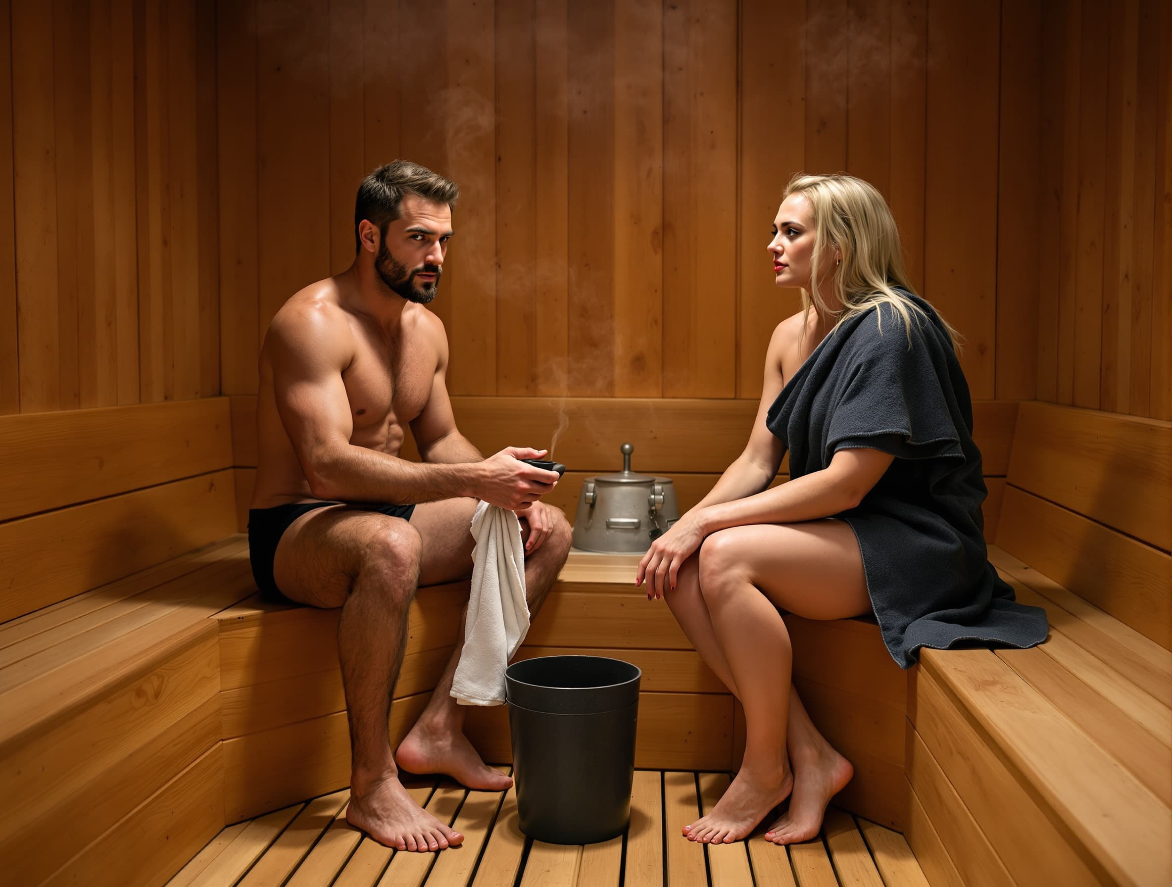 realistic photo of an artistic actor type man with theatrical presence in a traditional wooden sauna, warm wooden walls, soft steam, expressive face, holding a towel in his hand, relaxed pose, slightly sweaty skin, cinematic warm lighting, natural skin texture, professional portrait photography, 85mm lens --ar 3:4 --v 6 --style raw