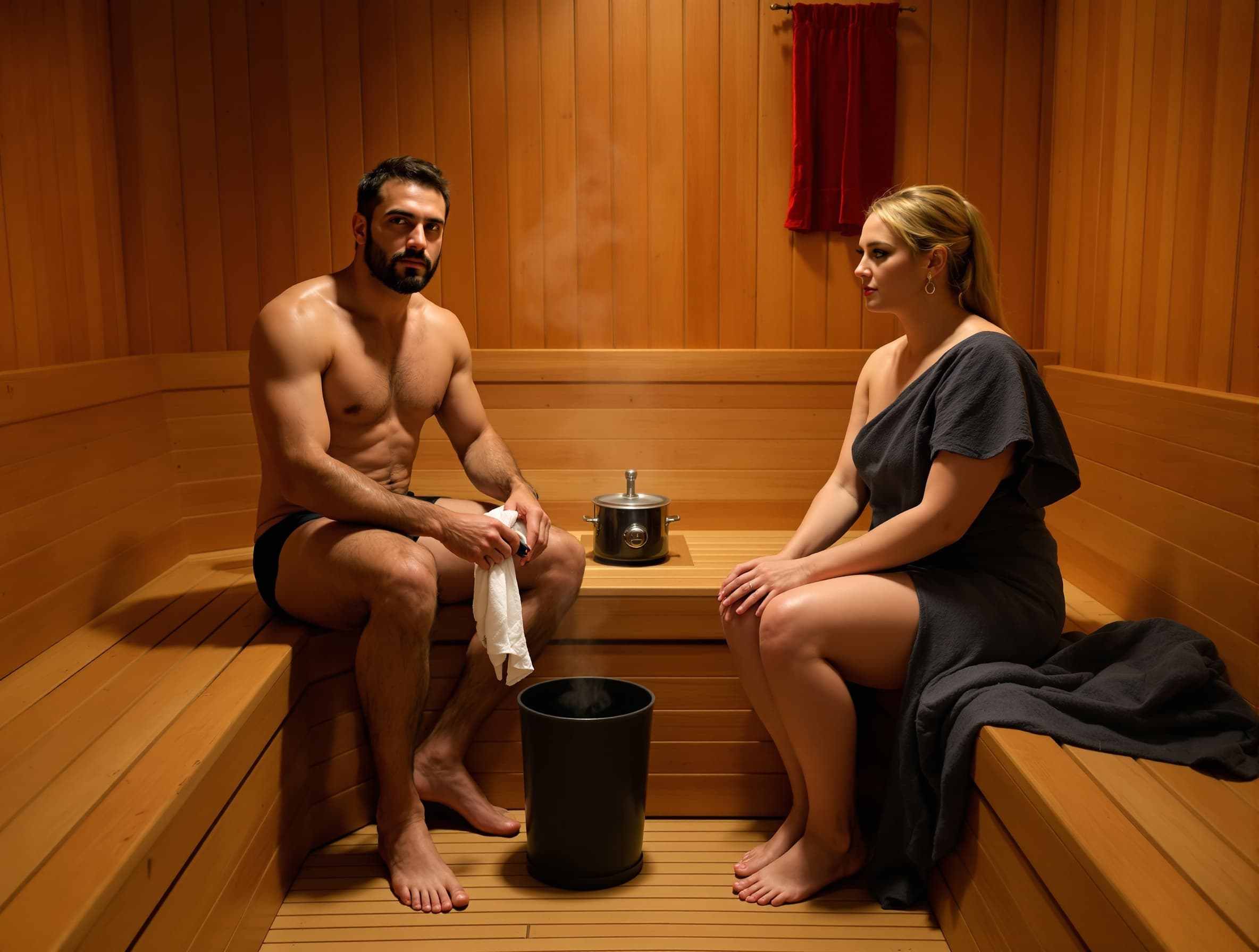 keep the original image unchanged, keep the same man, pose, sauna environment and lighting, only add a small piece of red velvet theater curtain in the top right corner, slightly visible curtain edge, subtle detail, everything else exactly the same --v 6 --style raw