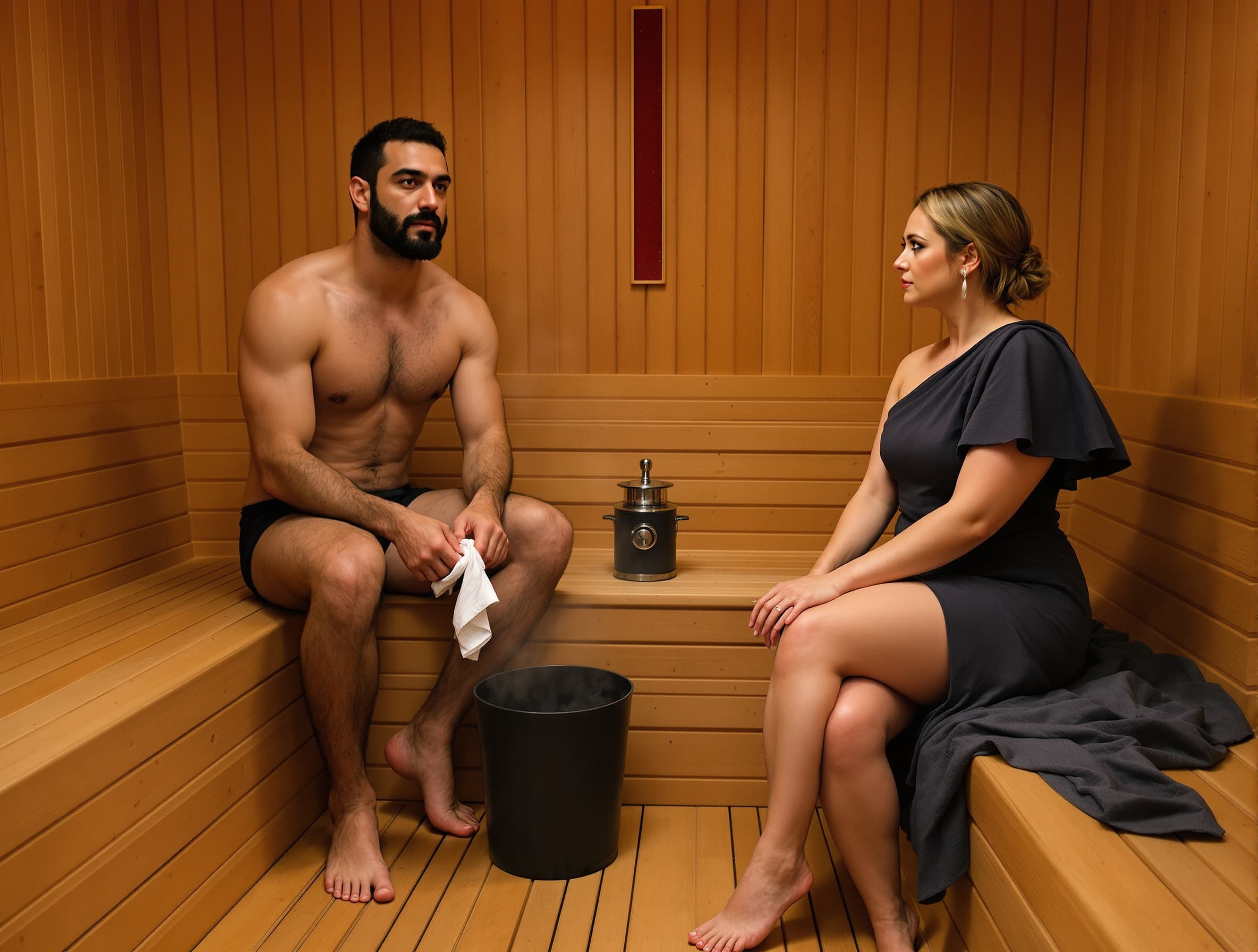 keep the original image unchanged, keep the same man, pose, sauna environment and lighting, only add a small piece of red velvet theater curtain in the top right corner, slightly visible curtain edge, subtle detail, everything else exactly the same --v 6 --style raw