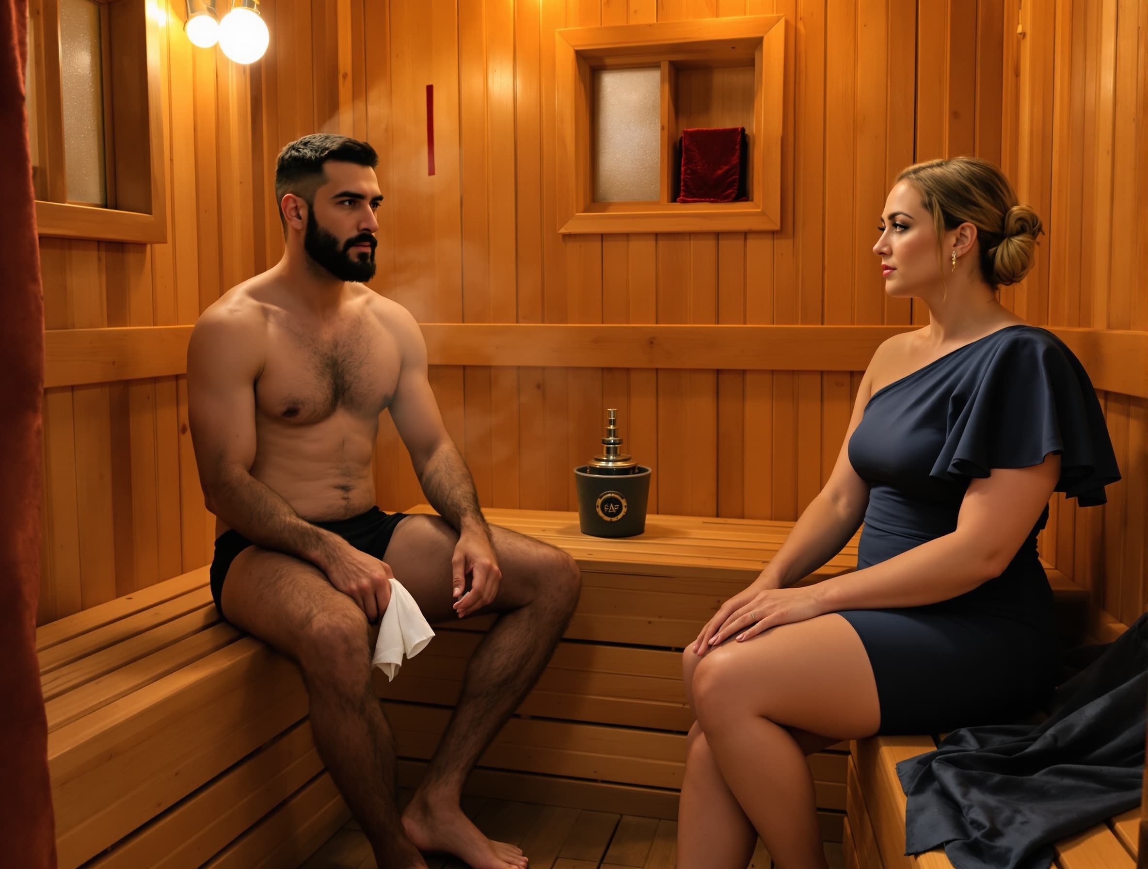 keep the original image unchanged, keep the same man, pose, sauna environment and lighting, only add a small piece of red velvet theater curtain in the top right corner, slightly visible curtain edge, subtle detail, everything else exactly the same --v 6 --style raw