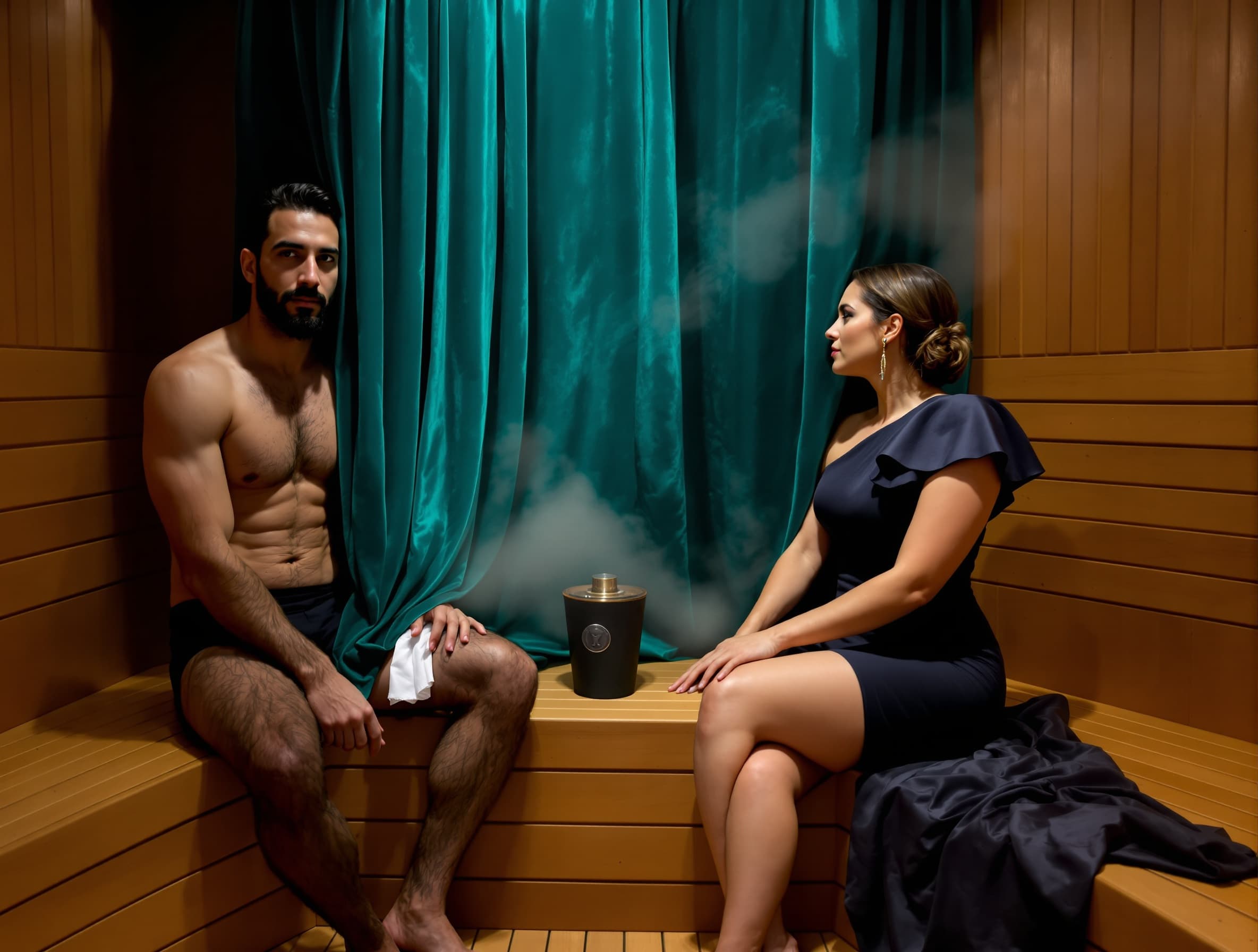 dark turquoise velvet theater curtain partially covering the man, soft fog in the air, keep the original image unchanged