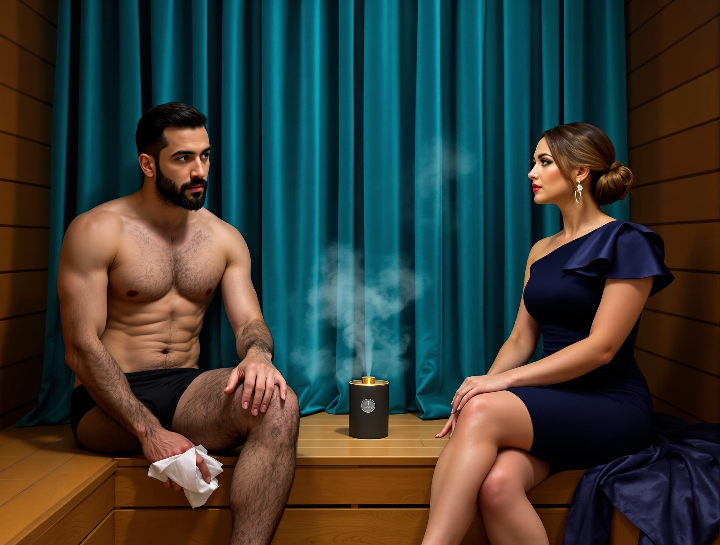 dark turquoise velvet theater curtain partially covering the man, soft fog in the air, keep the original image unchanged