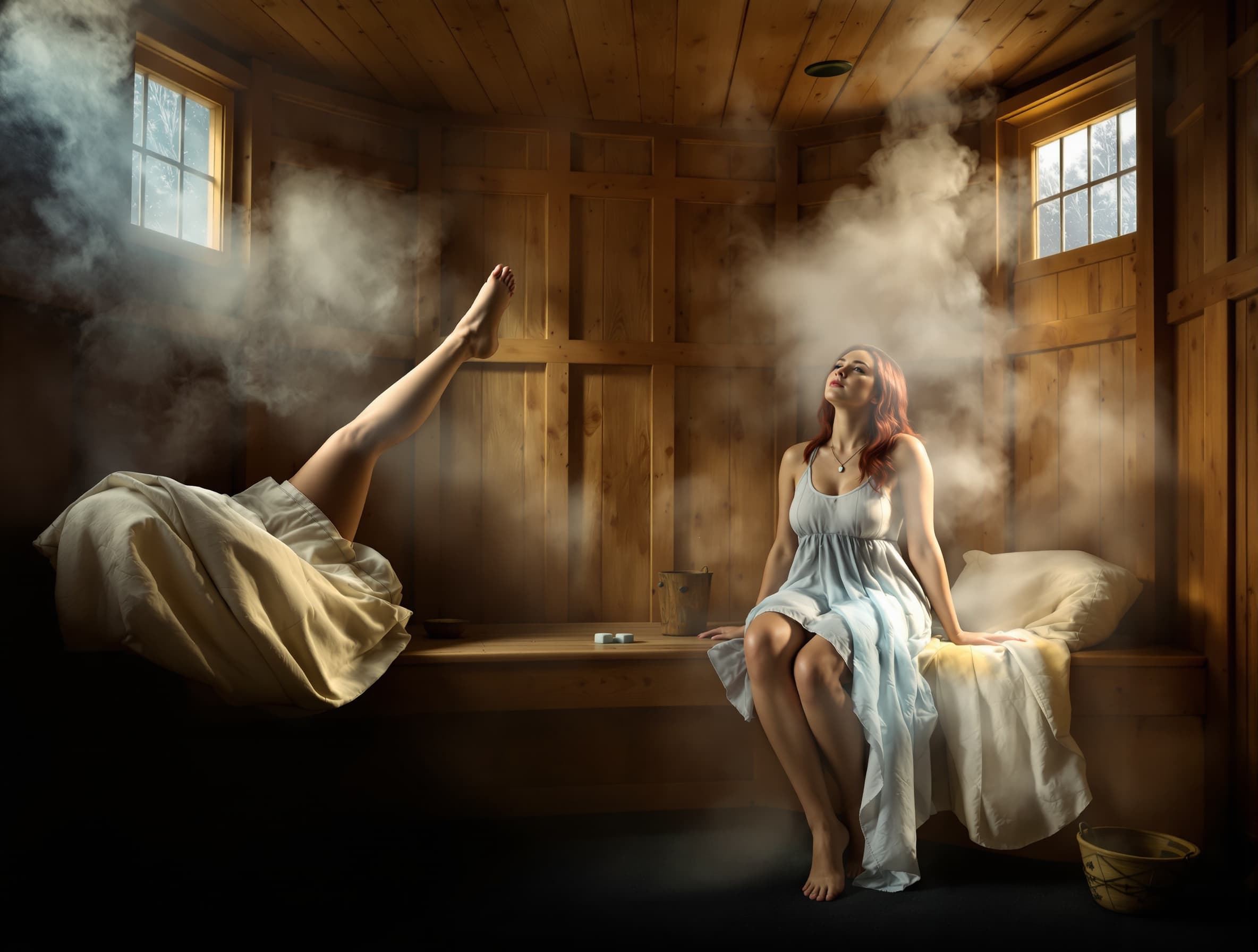 in a wooden sauna interior, warm wooden benches and walls, natural sauna steam and humid fog in the air, diffused warm light through steam, relaxing spa atmosphere, cinematic lighting, ultra realistic