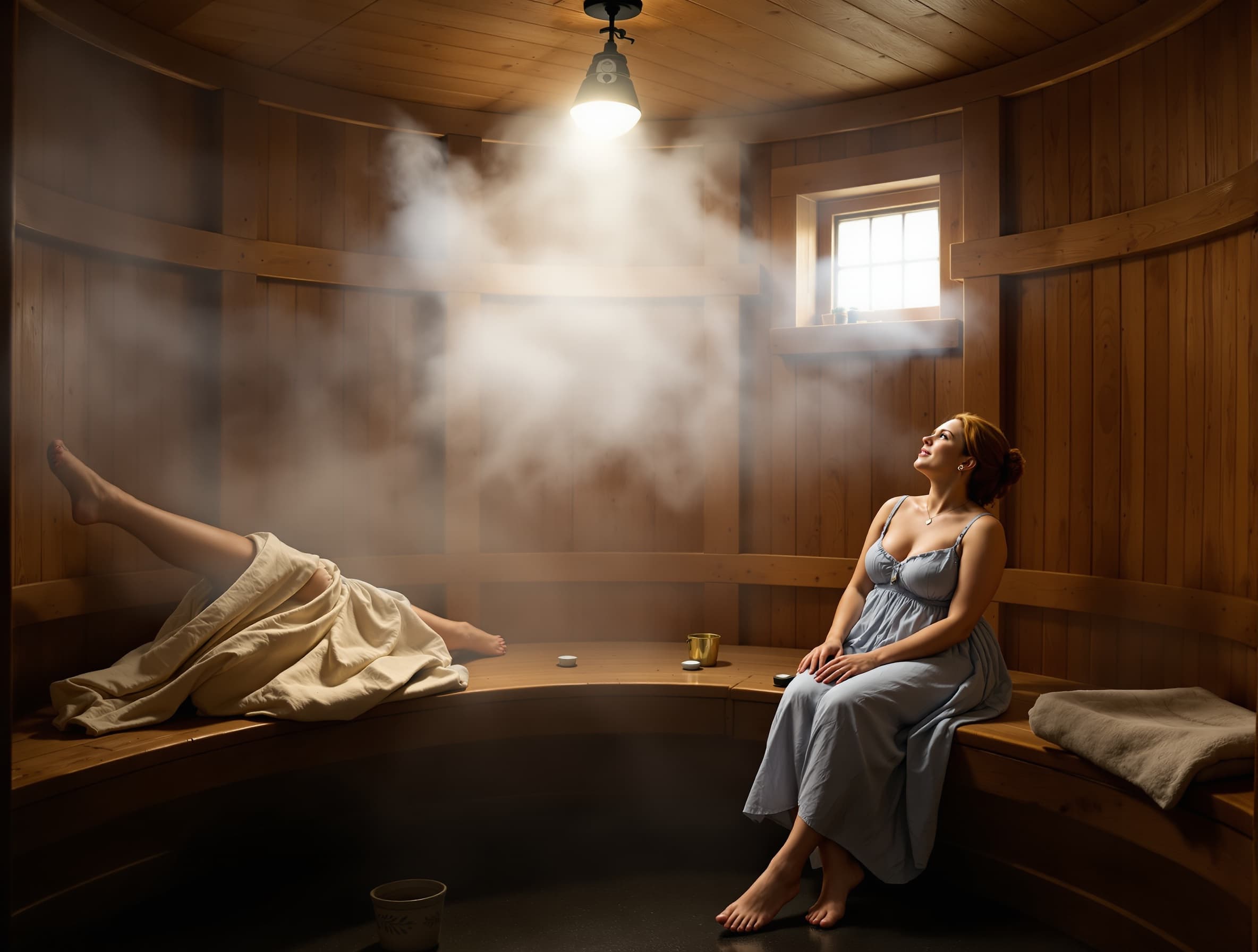 in a wooden sauna interior, warm wooden benches and walls, natural sauna steam and humid fog in the air, diffused warm light through steam, relaxing spa atmosphere, cinematic lighting, ultra realistic