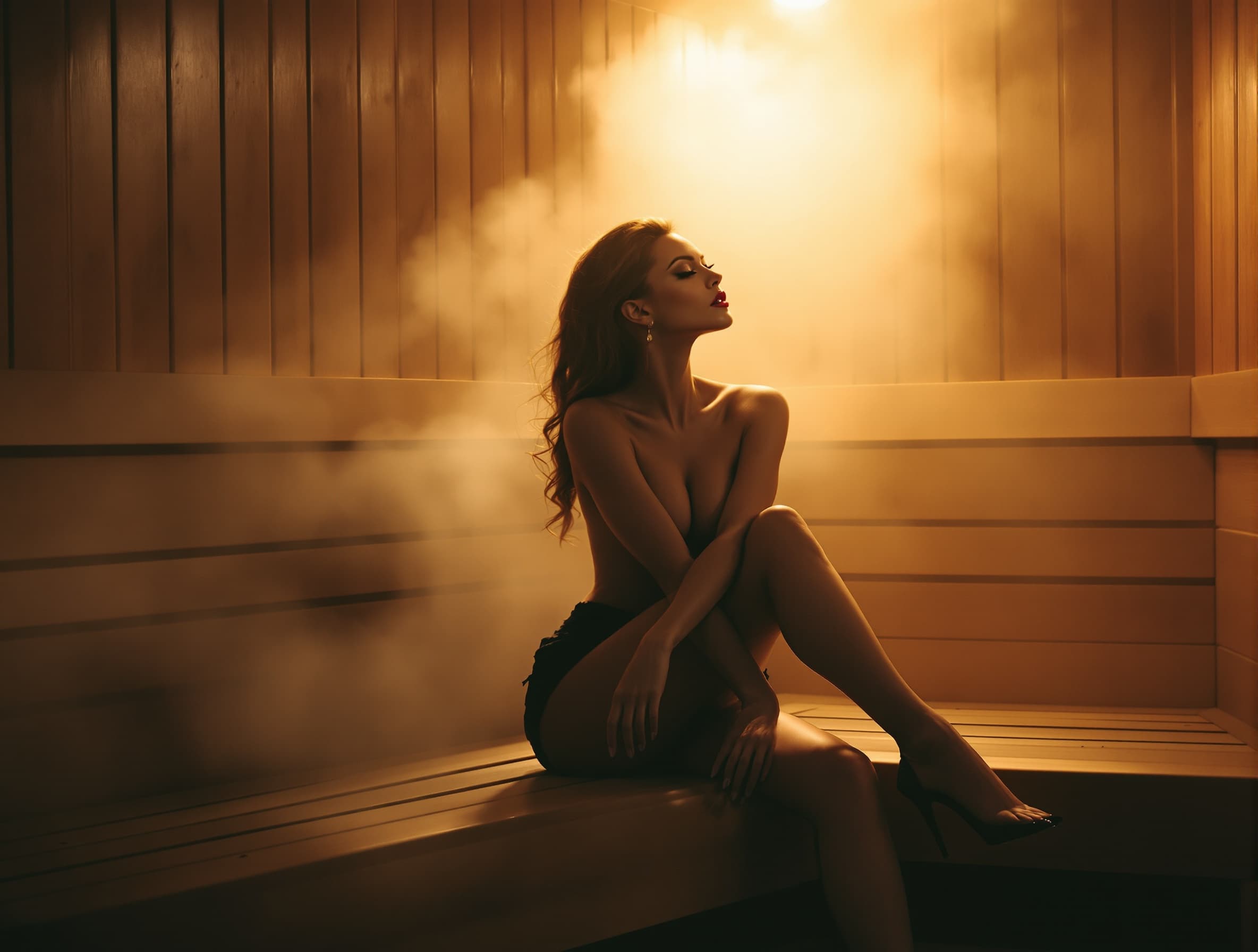 slender artistic woman with theatrical presence, expressive dramatic pose, fine art photography style, elegant long lines of the body, in a wooden sauna interior, warm wooden benches and walls, natural sauna steam and humid fog in the air, diffused warm light through steam, dramatic lighting, cinematic, high-end editorial look
