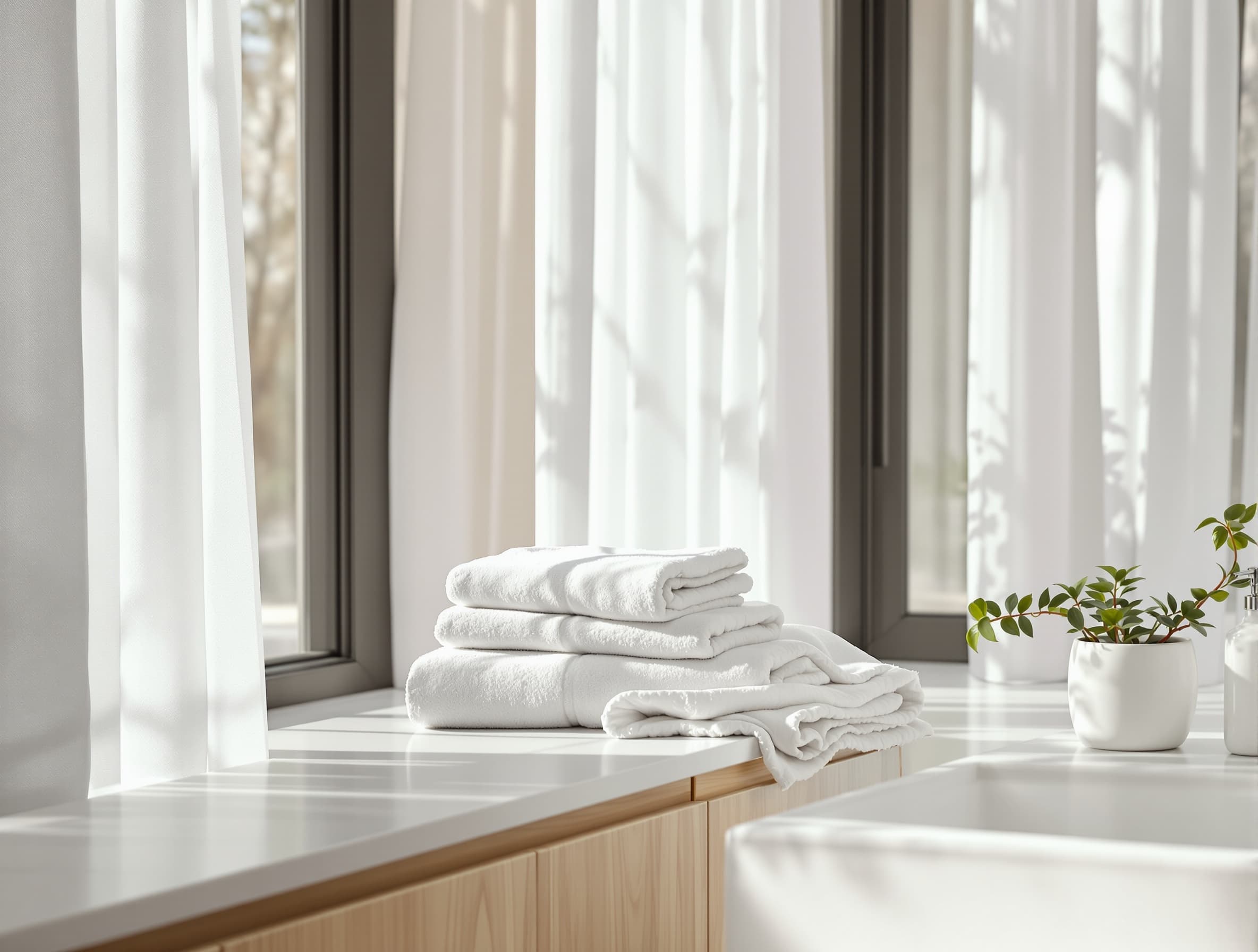 Scandinavian home interior, light oak wood furniture, neutral linen textures, soft cotton towels, natural daylight, clean styling, authentic IKEA catalog photography style