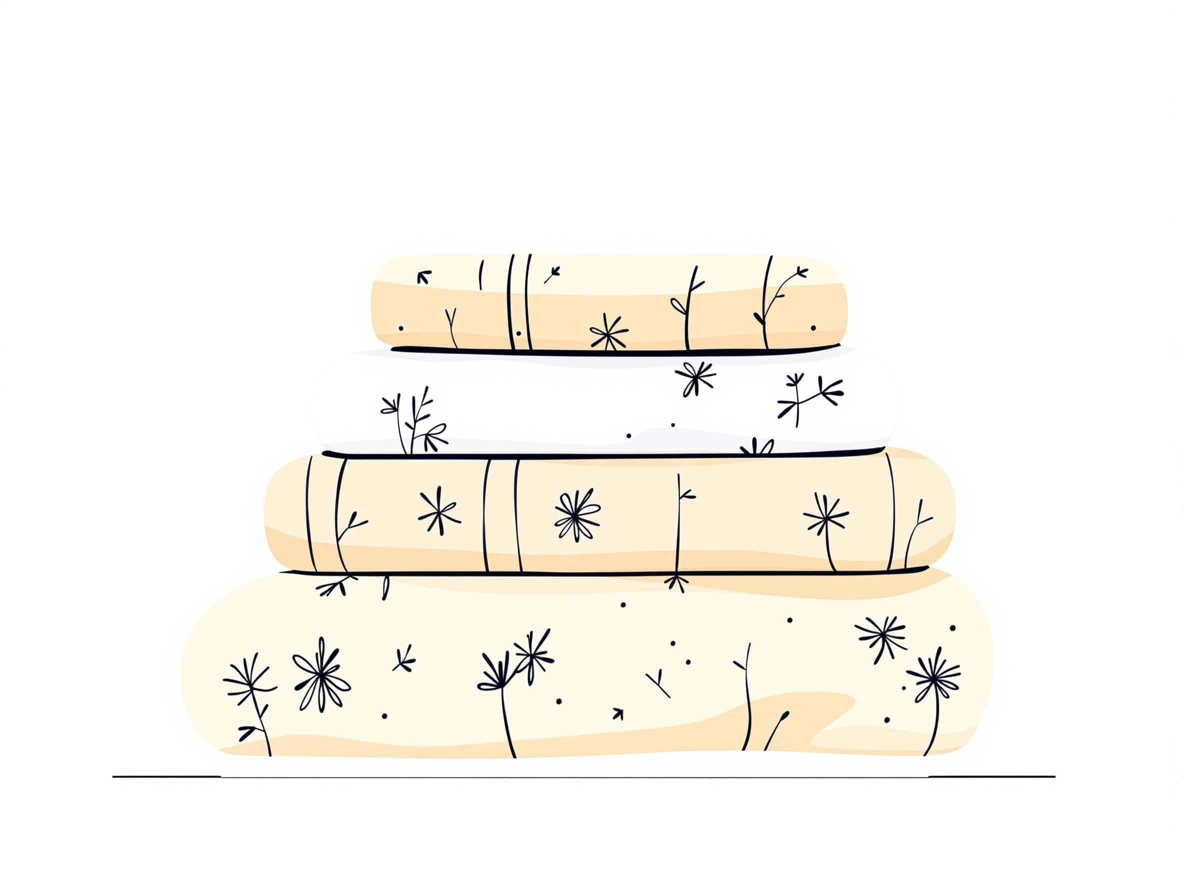 Minimalist infographic pictogram of folded towels with delicate floral patterns. Towels stacked neatly, simple geometric shapes and soft rounded lines. Scandinavian signage style similar to IKEA instruction icons. Flat vector illustration, clean outlines, consistent stroke width, minimal details. Color palette: beige, white, light yellow and light brown. Clean white background, modern UI icon style, simple and highly legible symbol, SVG vector graphic.