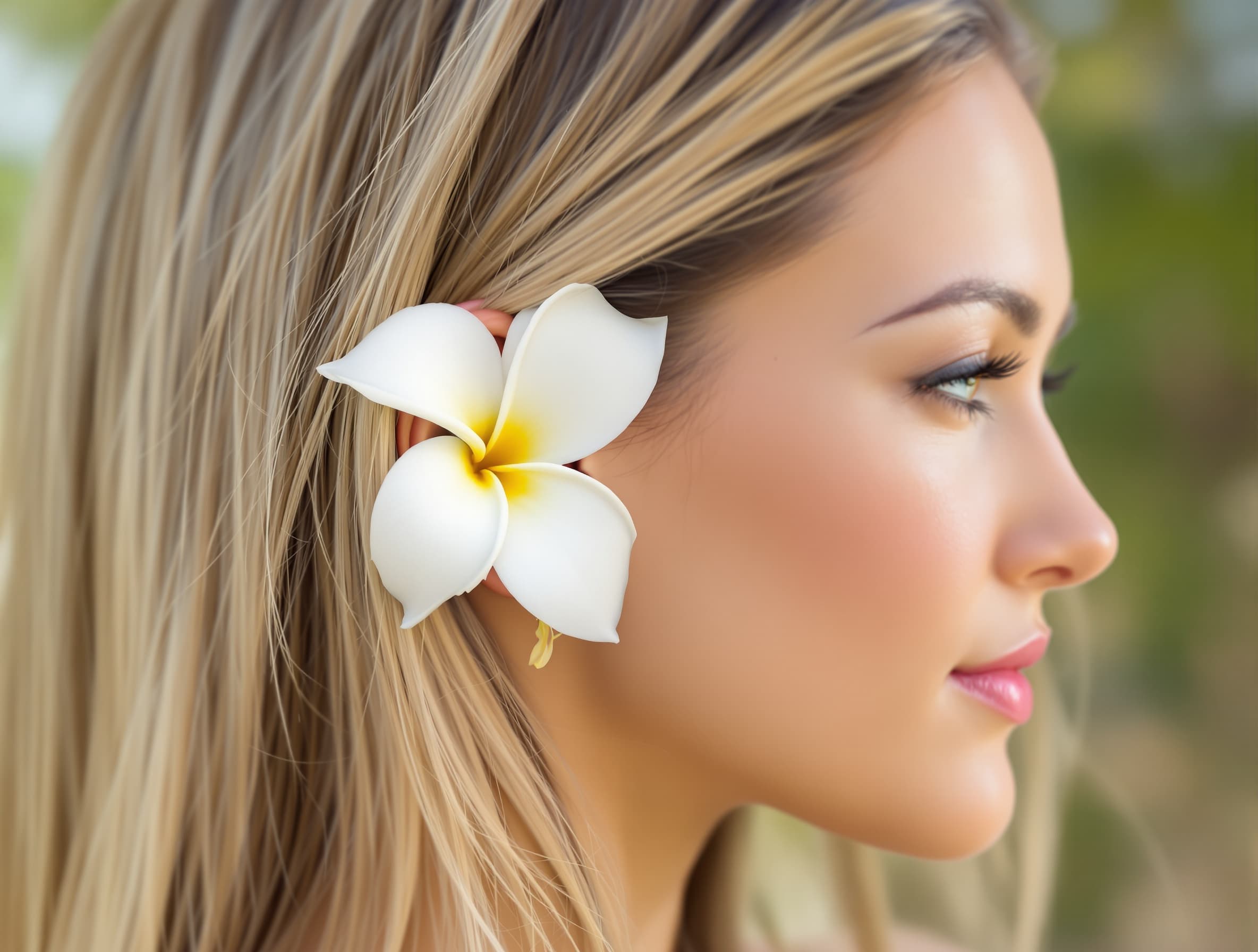 insert a white Tahitian tiare flower behind the woman's ear, seamlessly blended into the hair, realistic lighting and shadows, natural scale, photorealistic, tropical aesthetic, high detail, professional portrait photography