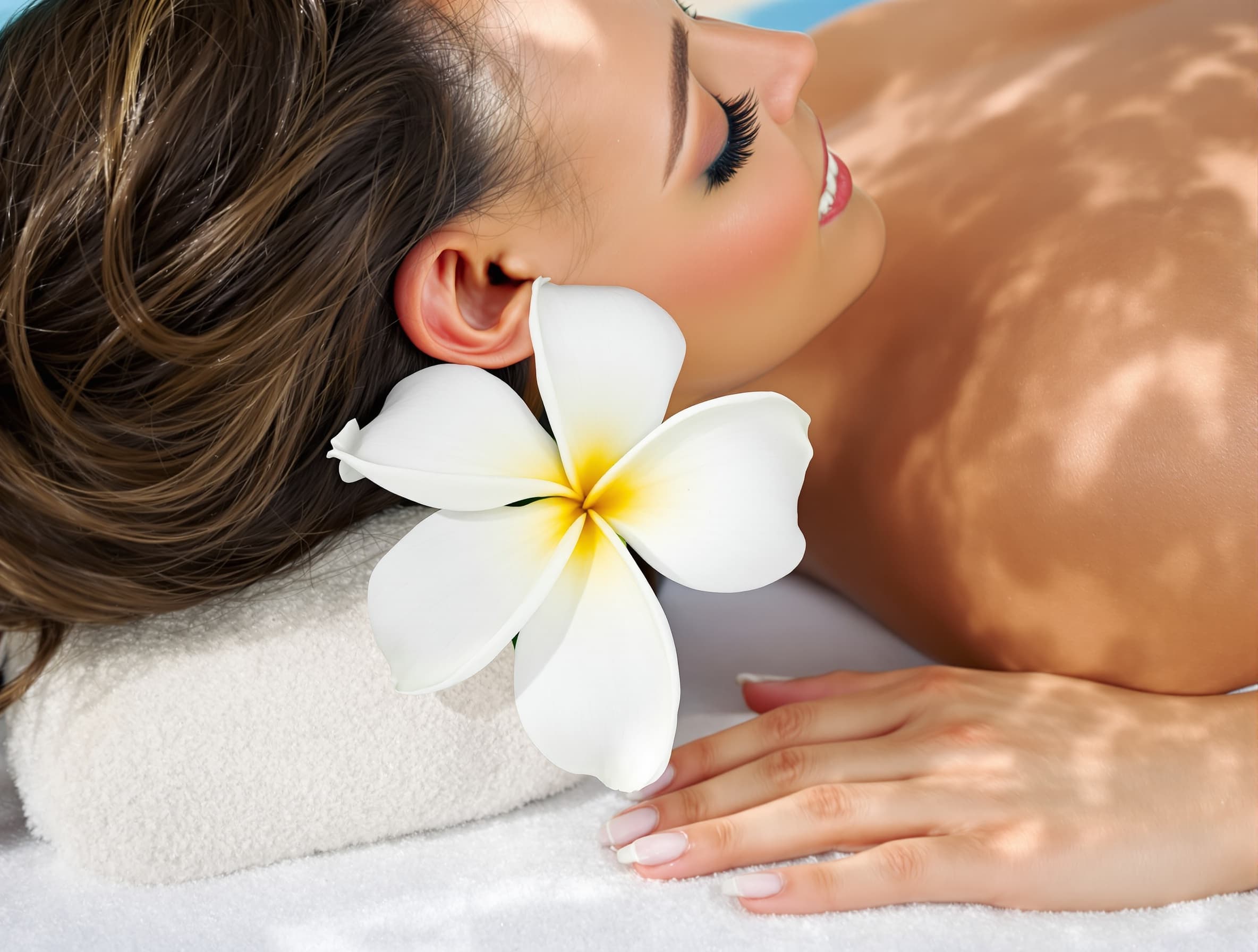 insert a white Tahitian tiare flower behind the woman's ear, seamlessly blended into the hair, realistic lighting and shadows, natural scale, photorealistic, tropical aesthetic, high detail, professional portrait photography