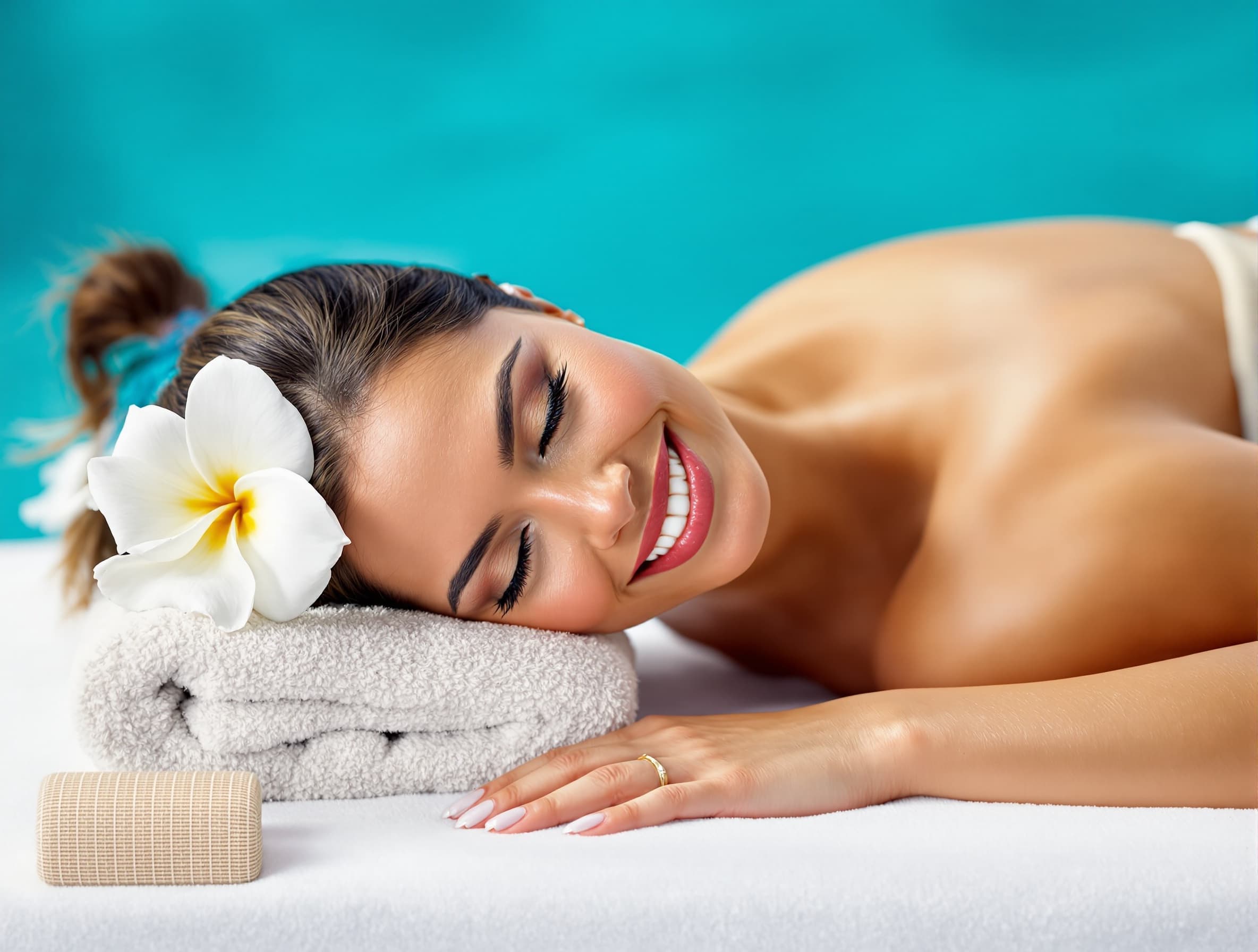 extend the original photo environment naturally to the sides, keep the existing background and atmosphere, woman positioned on the right side of the frame with a white Tahitian tiare flower behind her ear, seamless integration, realistic lighting, billboard advertising style, large empty space on the left for headline text --ar 2:1 --style raw --v 6