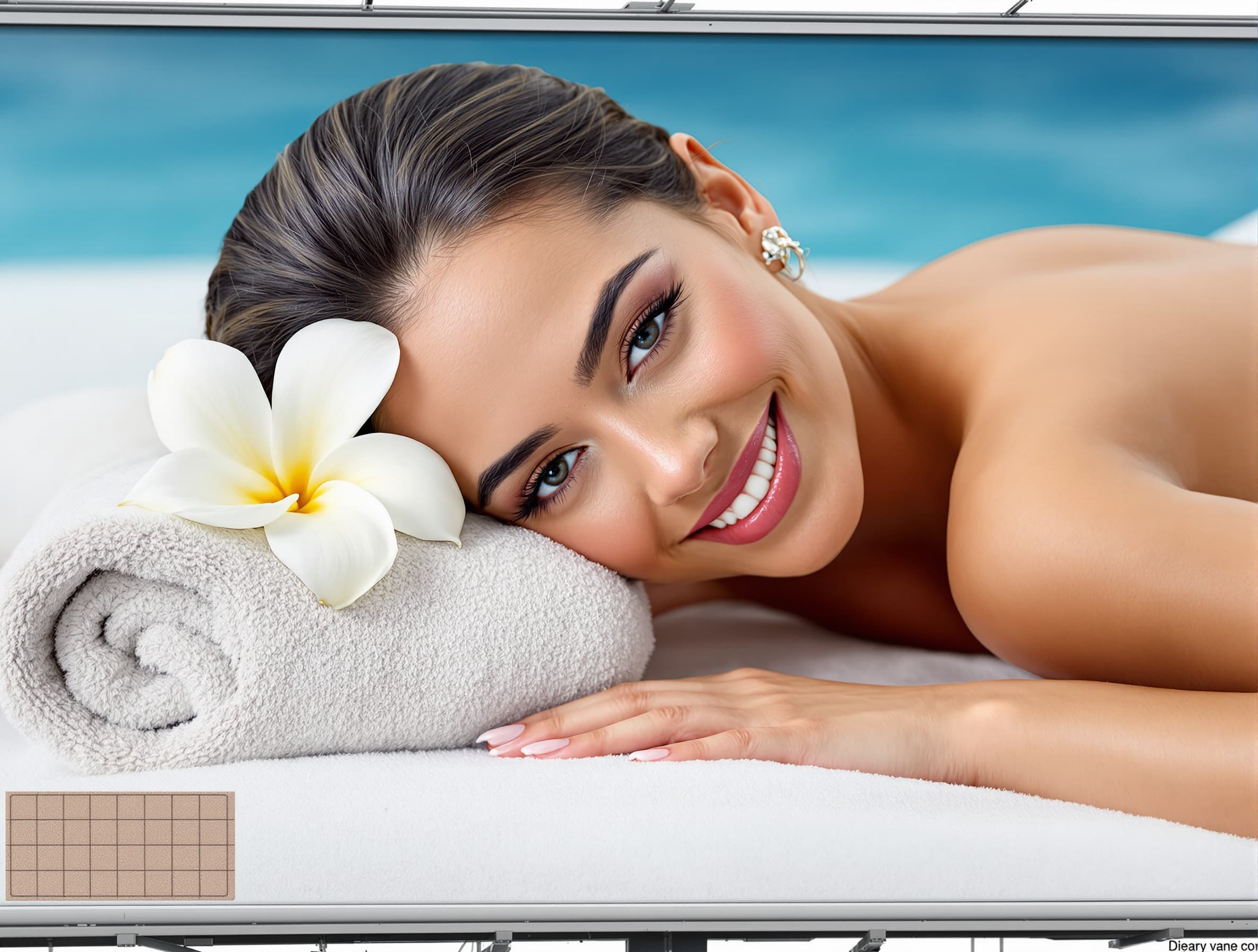 extend the original photo naturally to the sides, continue the woman's body naturally outside the original frame, realistic shoulders and upper body extension, elegant woman with a white Tahitian tiare flower behind her ear, keep the original environment and lighting, seamless blend, photorealistic professional advertising photography, billboard composition, large negative space for slogan --ar 2:1 --style raw --v 6