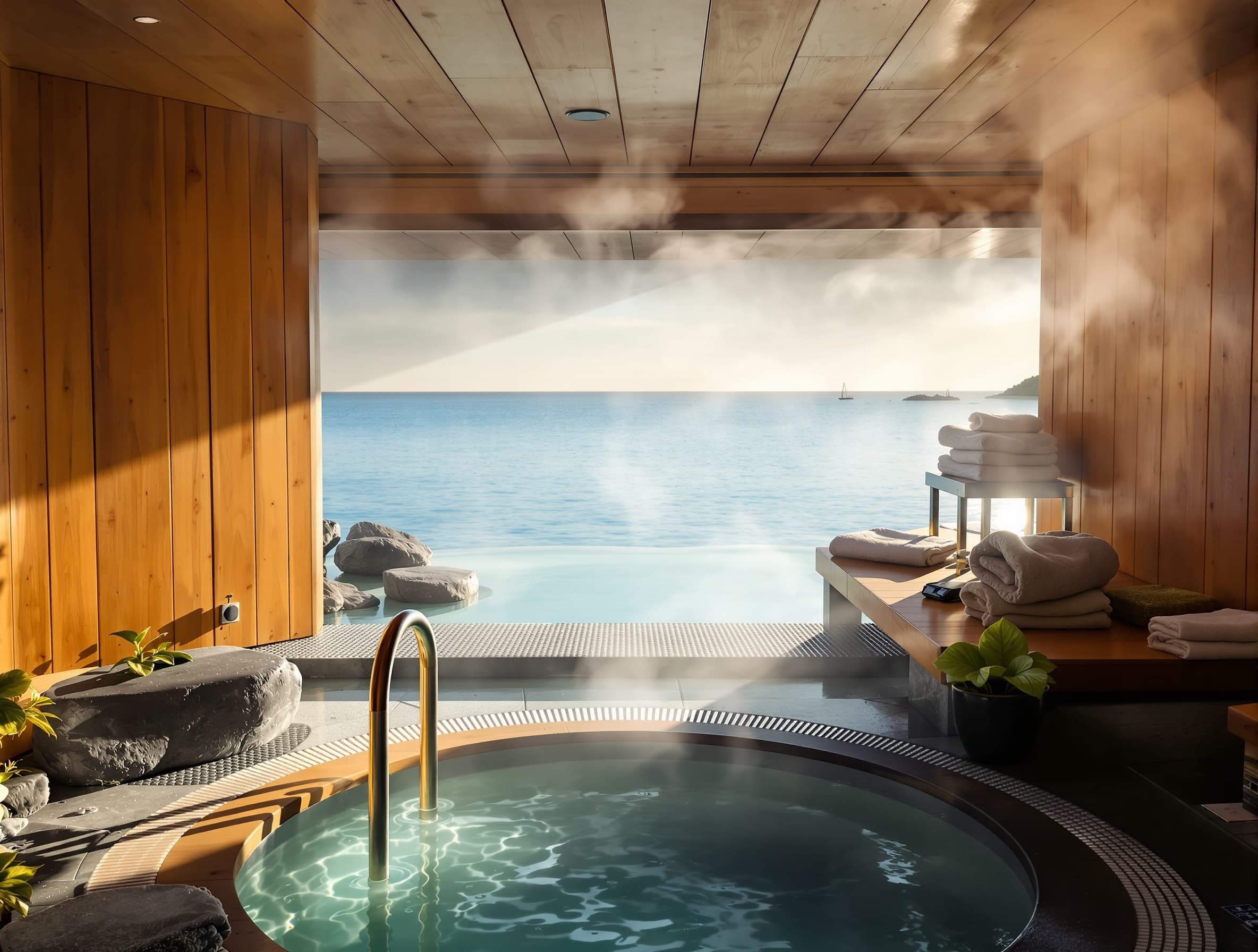 luxury wellness sauna scene, wooden sauna interior, warm wood textures, soft steam filling the air, golden ambient lighting, calm spa atmosphere, cinematic photography, ultra realistic, high detail