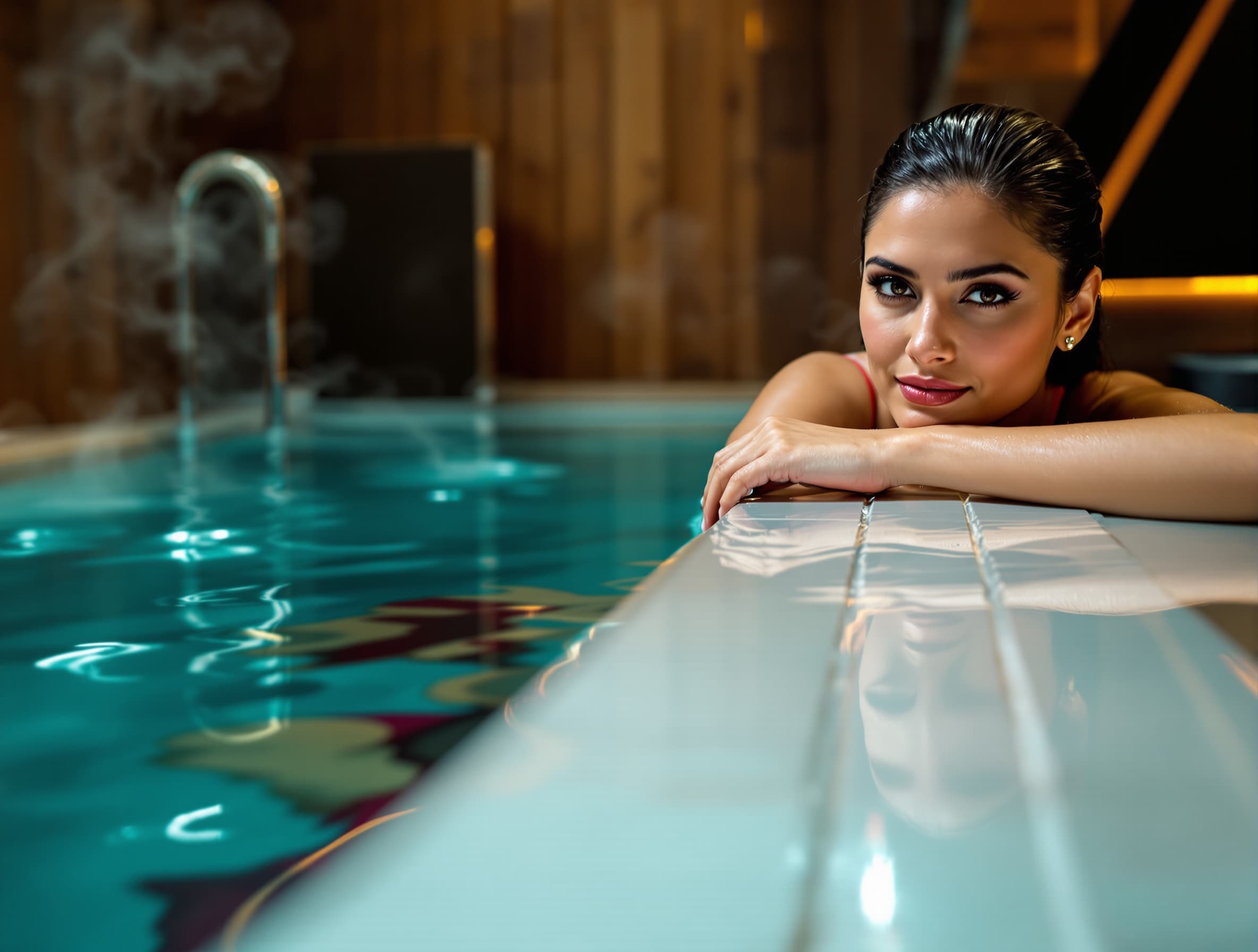 premium wellness resort advertisement, beautiful woman in an elegant swimsuit sitting in a wooden sauna, warm wooden textures, soft steam and mist, golden spa lighting, tranquil relaxing atmosphere, luxury spa lifestyle photography, clean minimalist composition, high-end commercial photo, ultra realistic --ar 16:9 --style raw --v 6